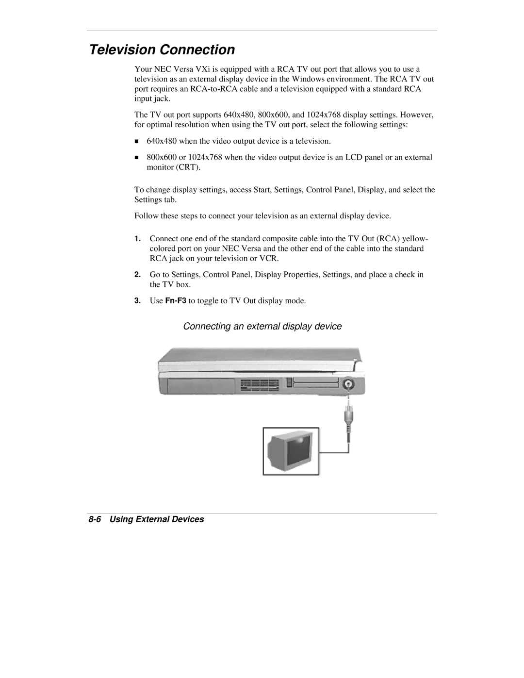 NEC VXi manual Television Connection, Connecting an external display device 