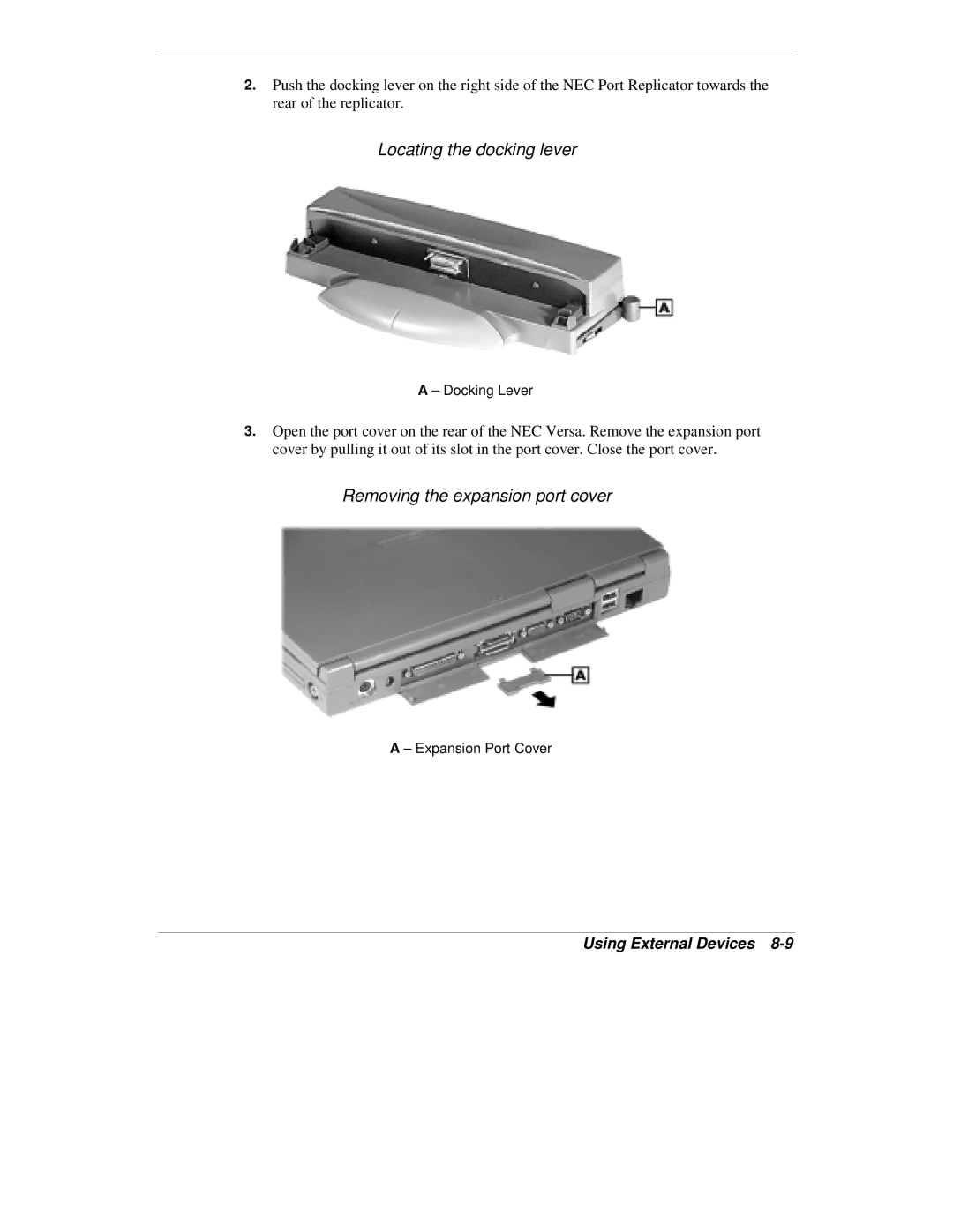 NEC VXi manual Locating the docking lever, Removing the expansion port cover 