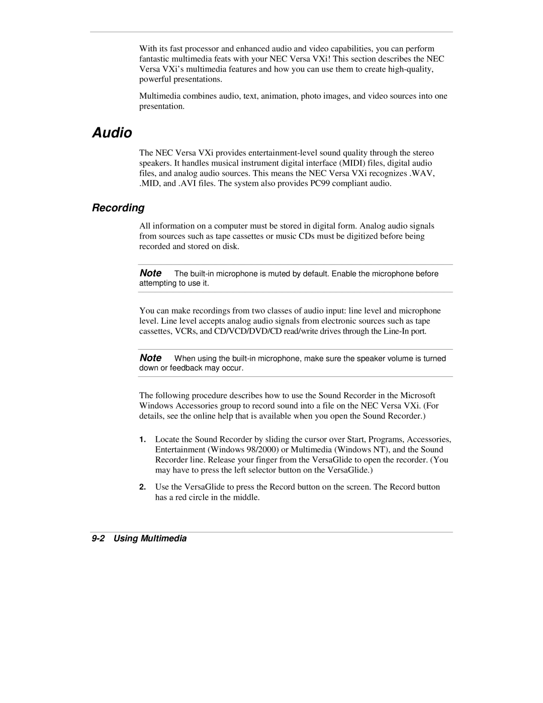 NEC VXi manual Audio, Recording, Using Multimedia 