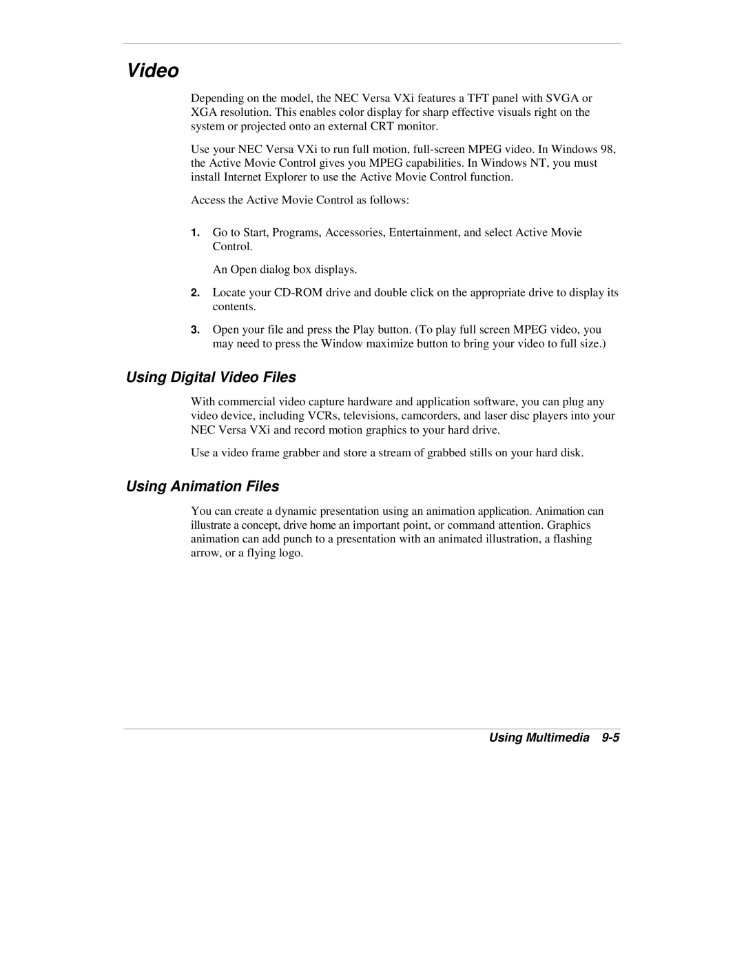 NEC VXi manual Using Digital Video Files, Using Animation Files 