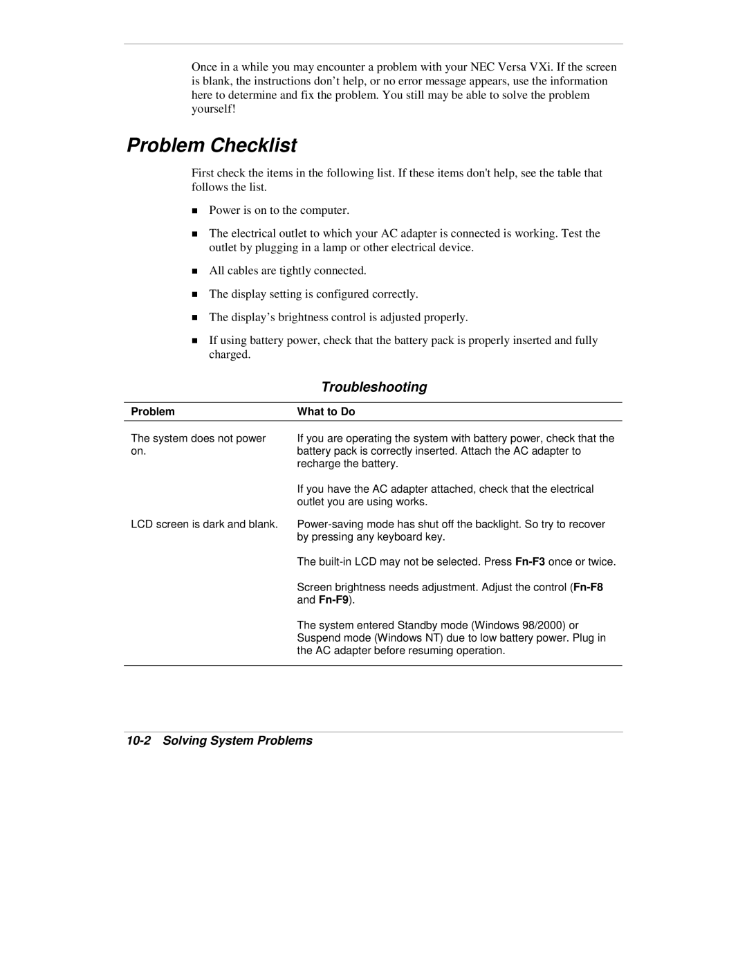 NEC VXi manual Problem Checklist, Troubleshooting, Solving System Problems, Problem What to Do 