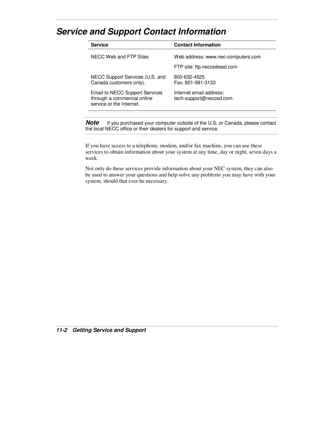 NEC VXi manual Service and Support Contact Information, Getting Service and Support, Service Contact Information 
