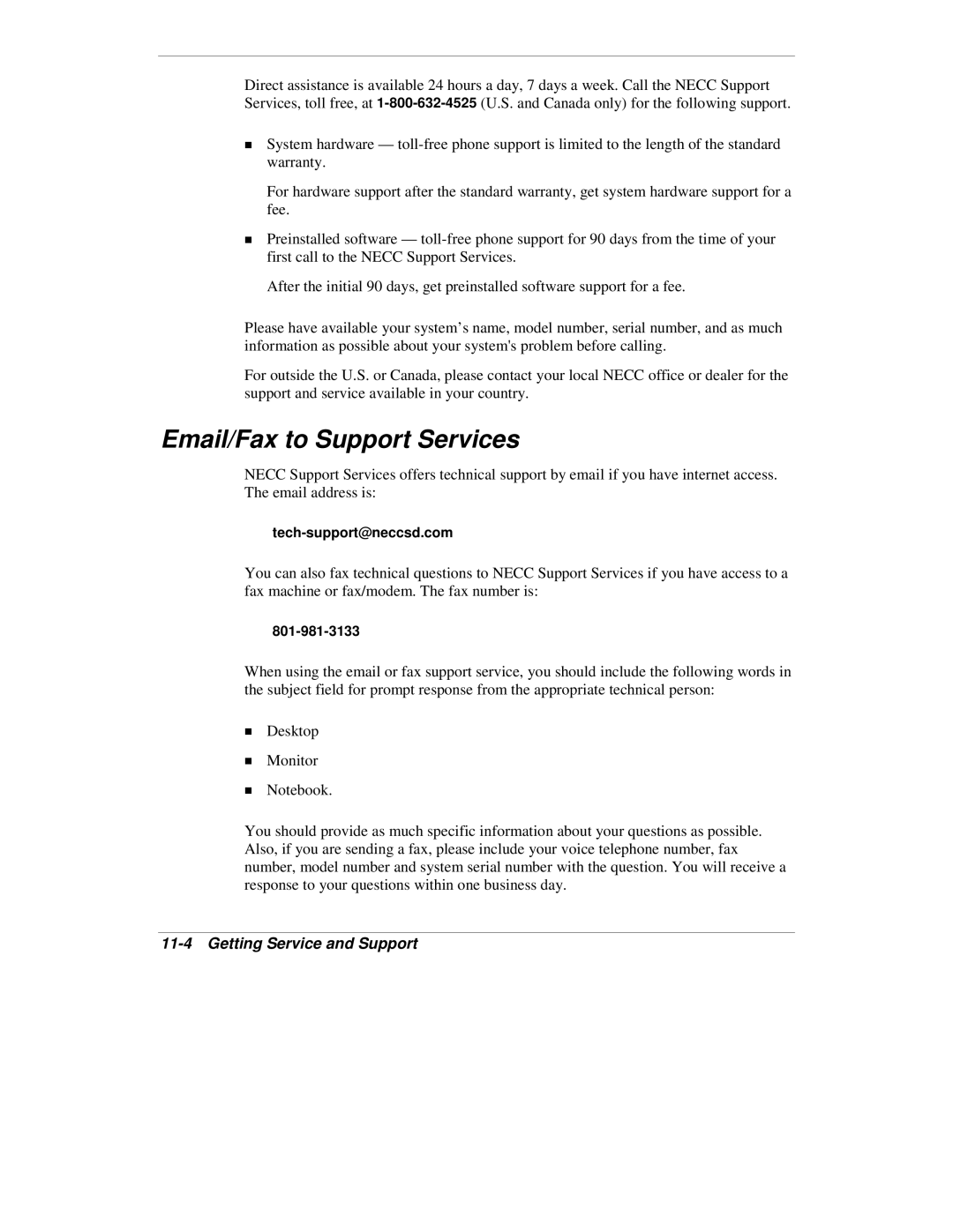 NEC VXi manual Email/Fax to Support Services, Tech-support@neccsd.com 