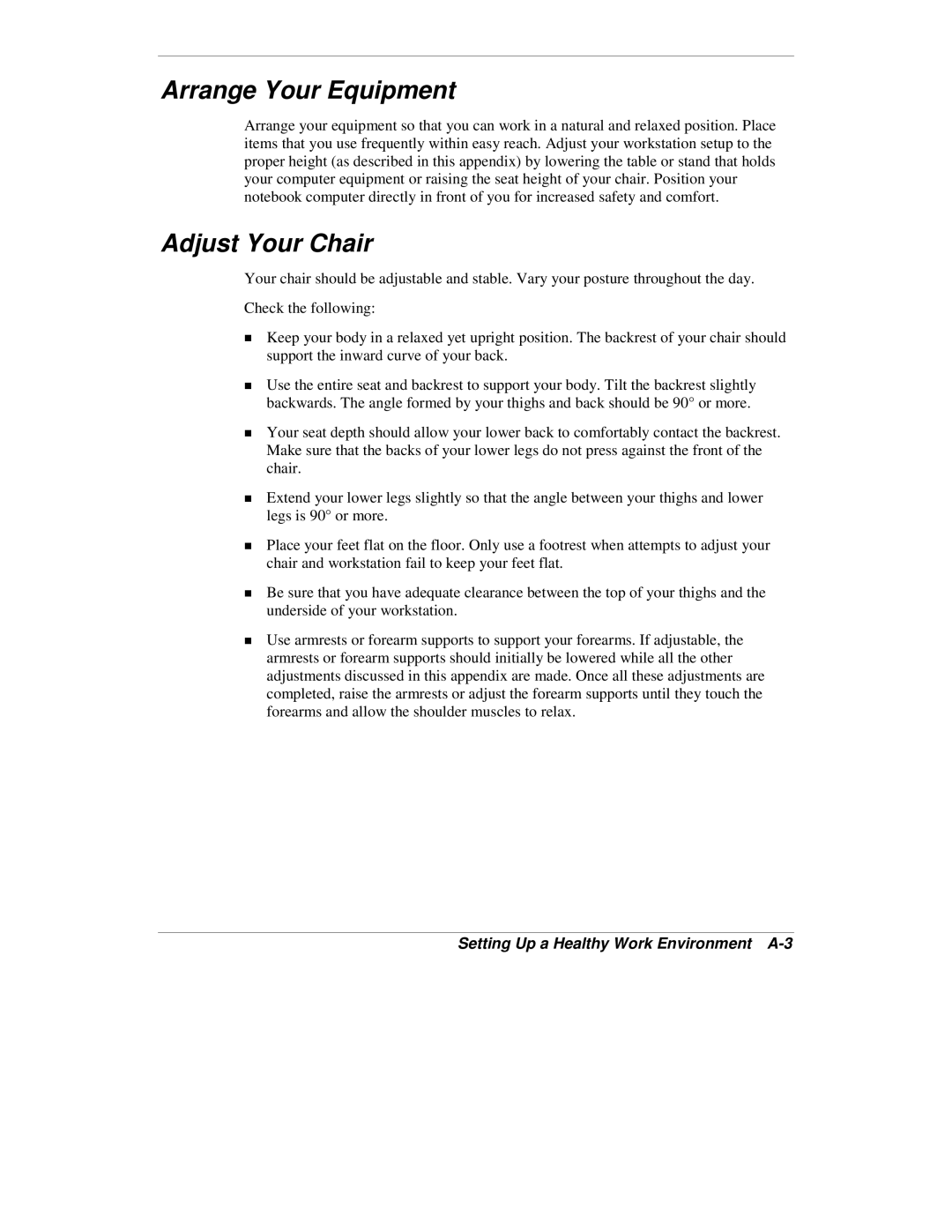 NEC VXi manual Arrange Your Equipment, Adjust Your Chair, Setting Up a Healthy Work Environment A-3 