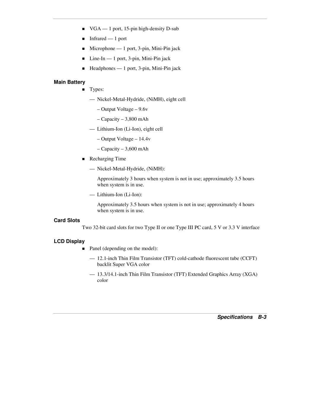 NEC VXi manual Main Battery, Specifications B-3 