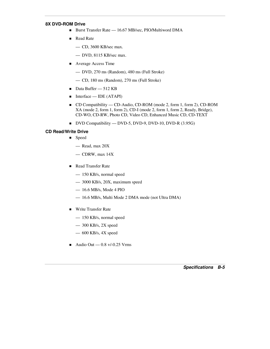 NEC VXi manual 8X DVD-ROM Drive, Specifications B-5 