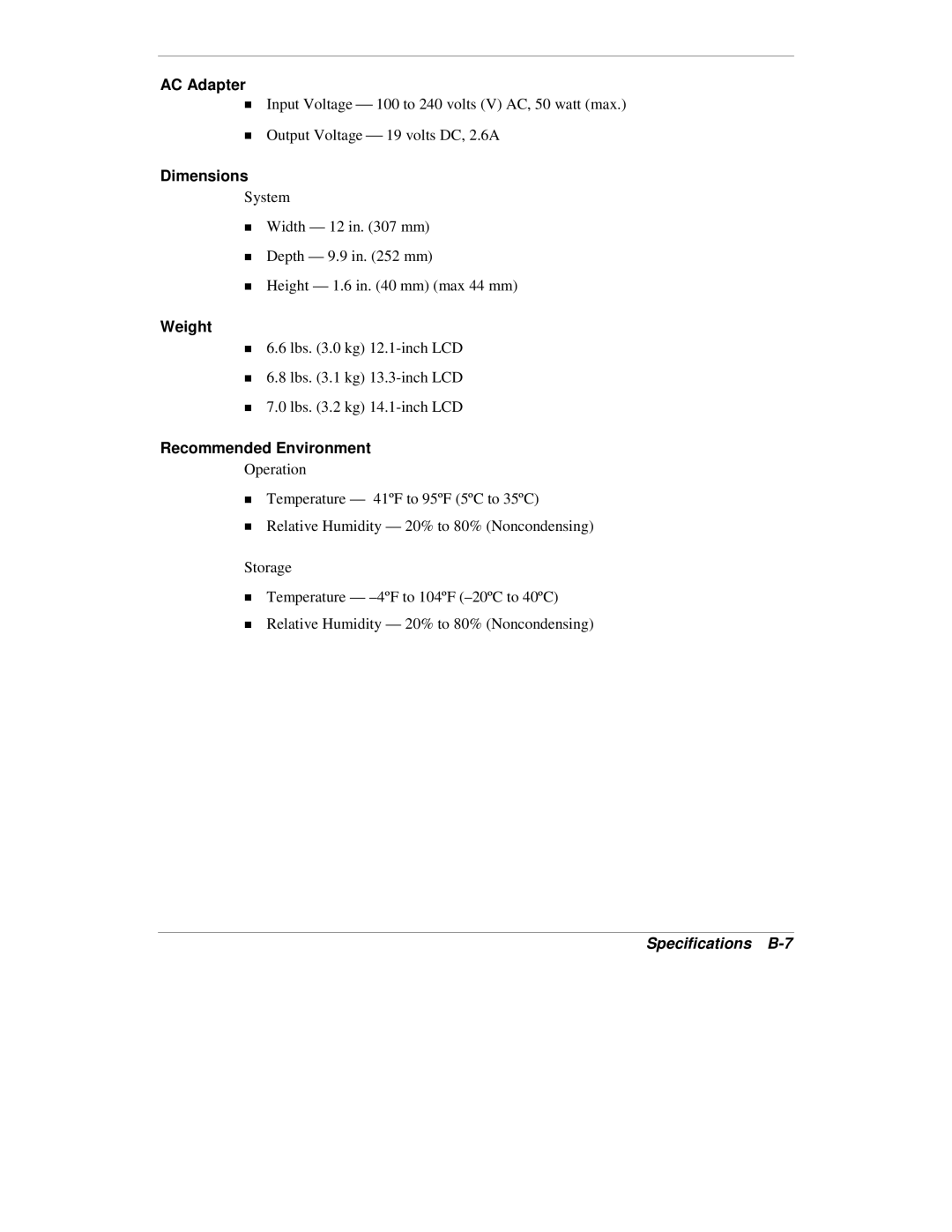 NEC VXi manual Recommended Environment, Specifications B-7 