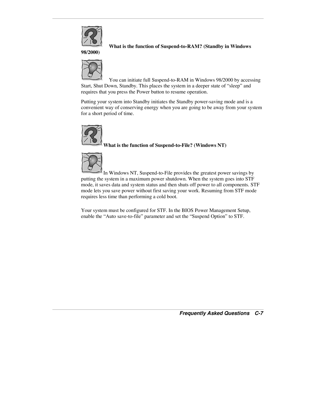 NEC VXi manual What is the function of Suspend-to-File? Windows NT, Frequently Asked Questions C-7 