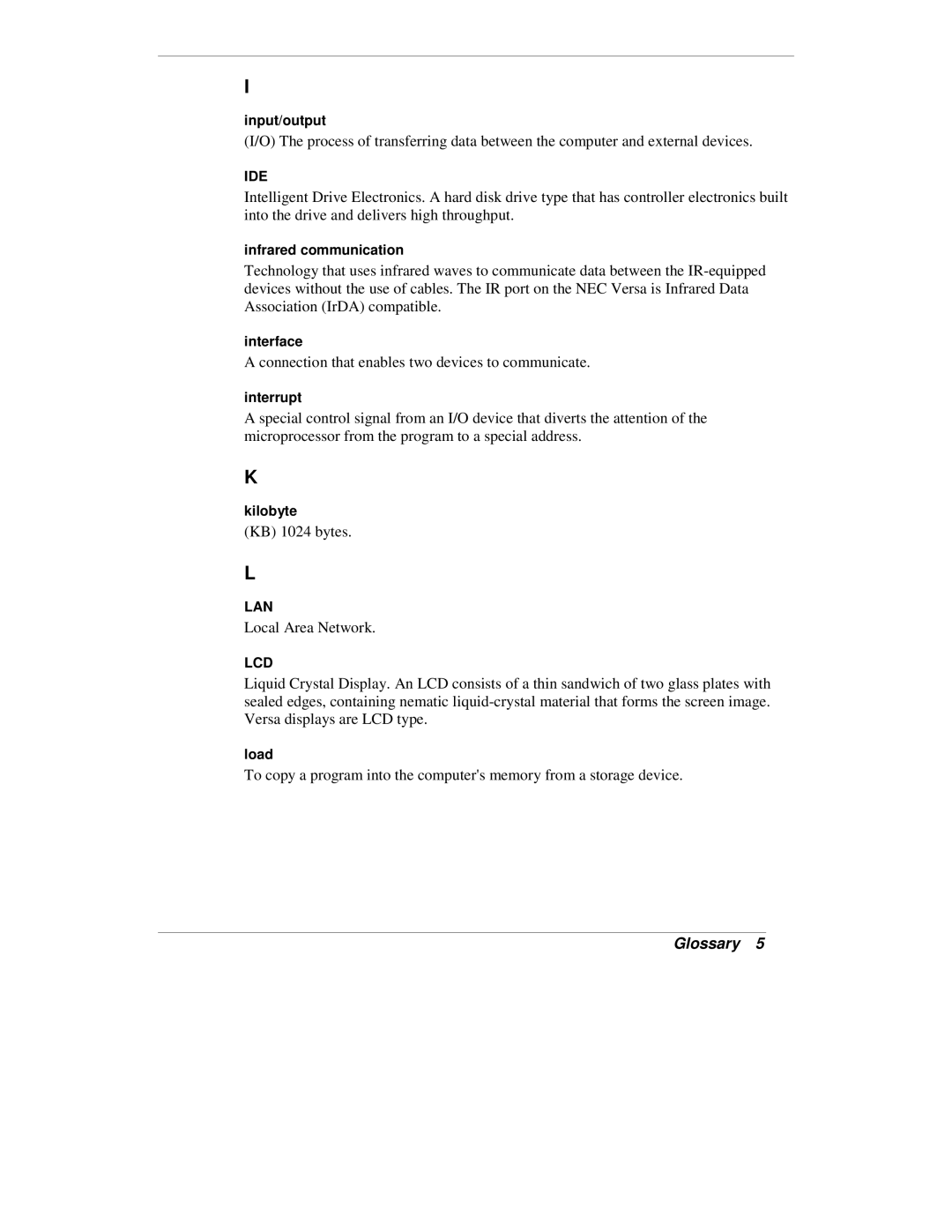 NEC VXi manual Input/output, Infrared communication, Interface, Interrupt, Kilobyte, Load 