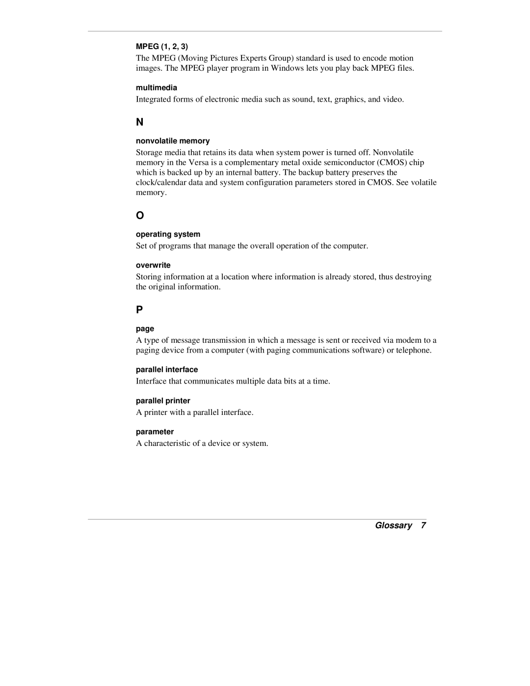 NEC VXi manual Mpeg 1, 2, Multimedia, Nonvolatile memory, Operating system, Overwrite, Parallel interface, Parallel printer 