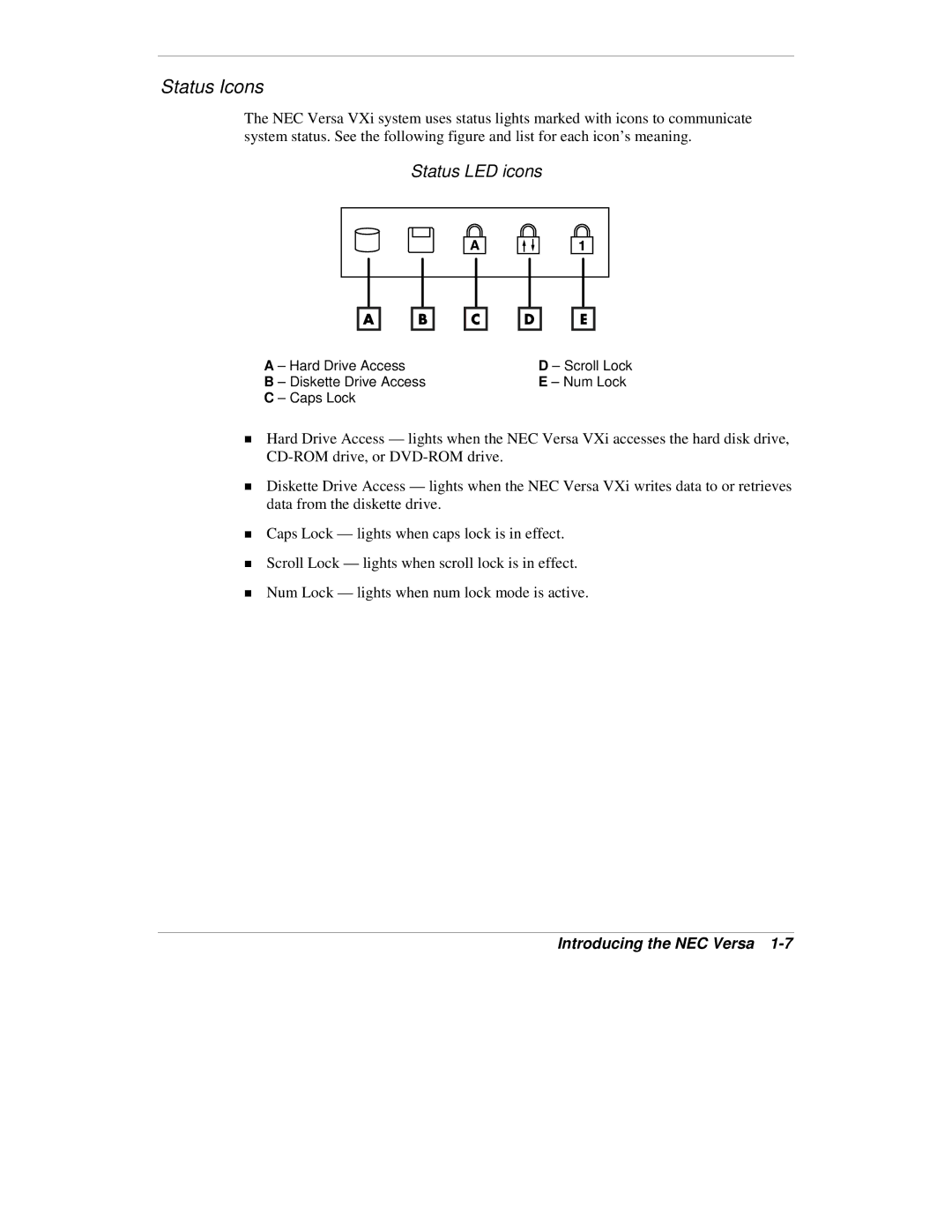 NEC VXi manual Status Icons, Status LED icons 