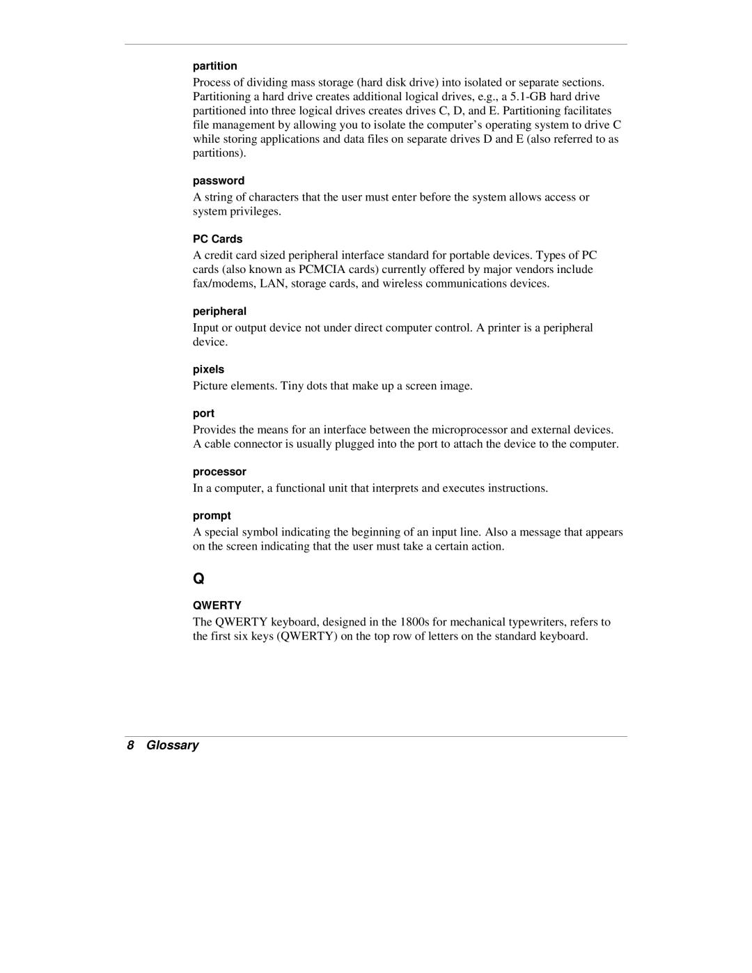 NEC VXi manual Partition, Password, PC Cards, Peripheral, Pixels, Port, Processor, Prompt 