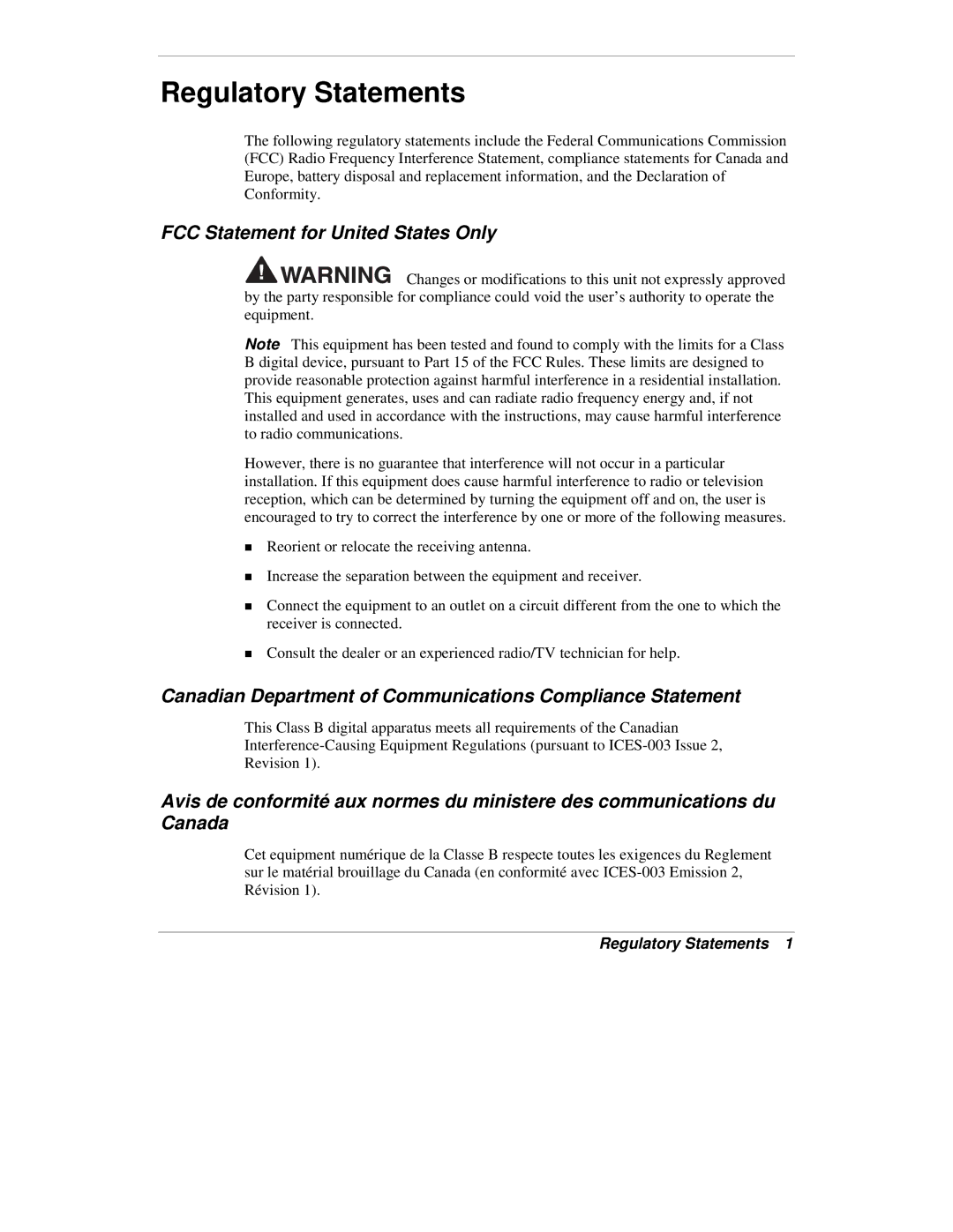 NEC VXi manual Regulatory Statements, FCC Statement for United States Only 