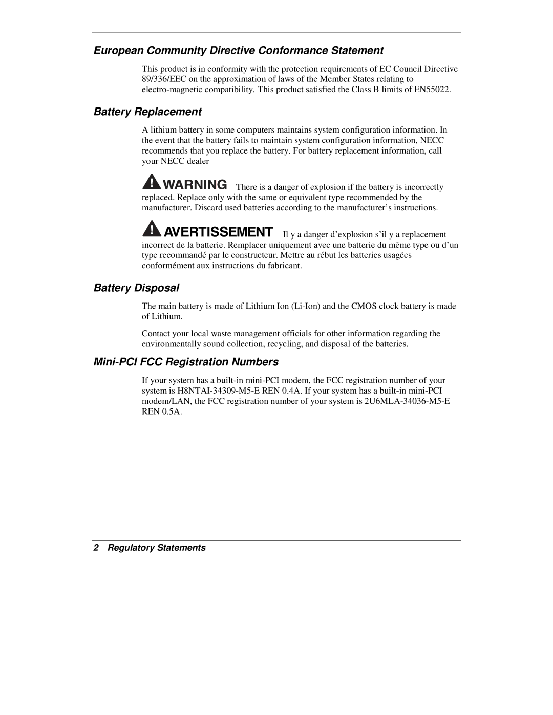 NEC VXi manual European Community Directive Conformance Statement, Battery Replacement, Battery Disposal 