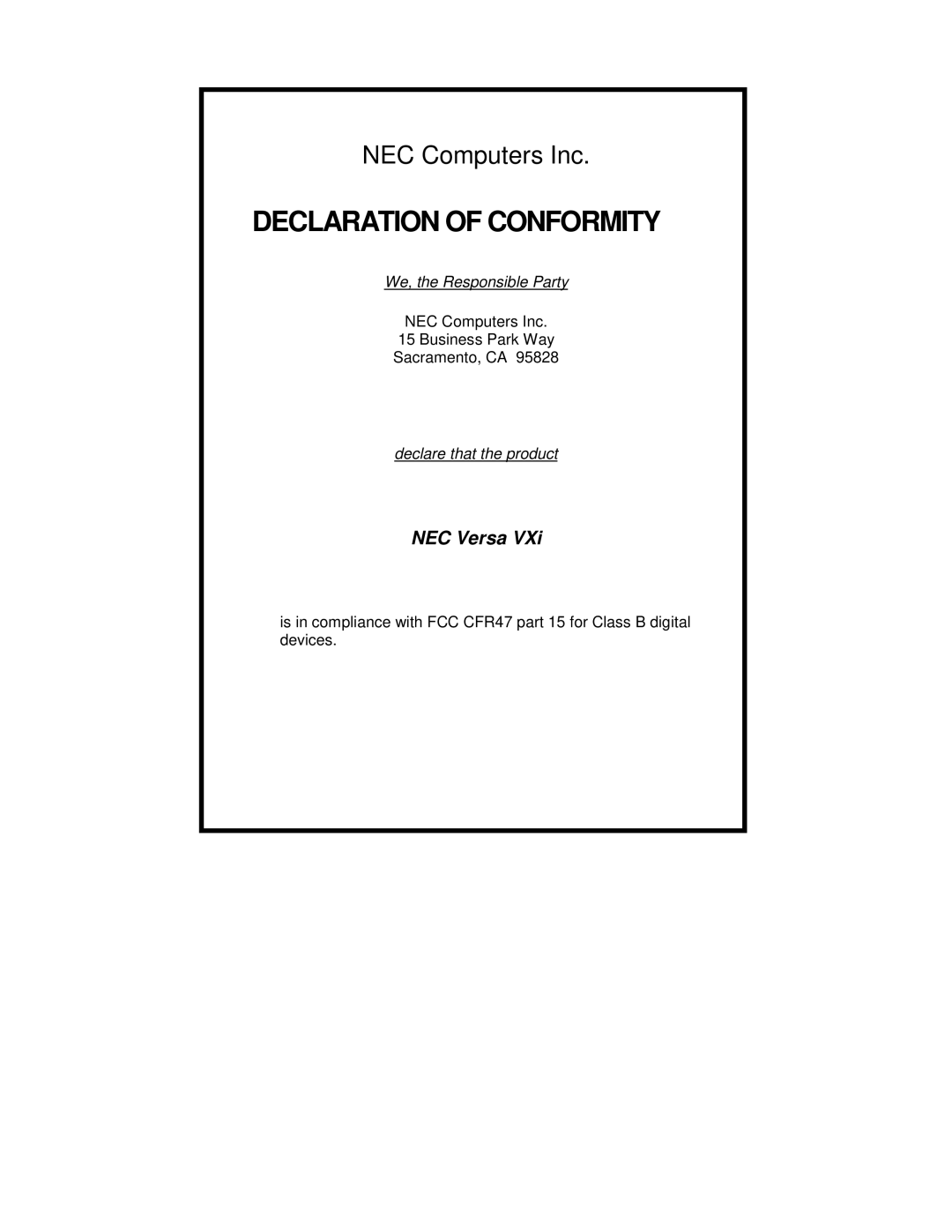 NEC VXi manual Declaration of Conformity, NEC Versa 