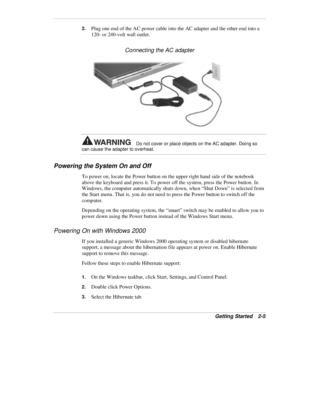 NEC VXi manual Powering the System On and Off, Connecting the AC adapter 