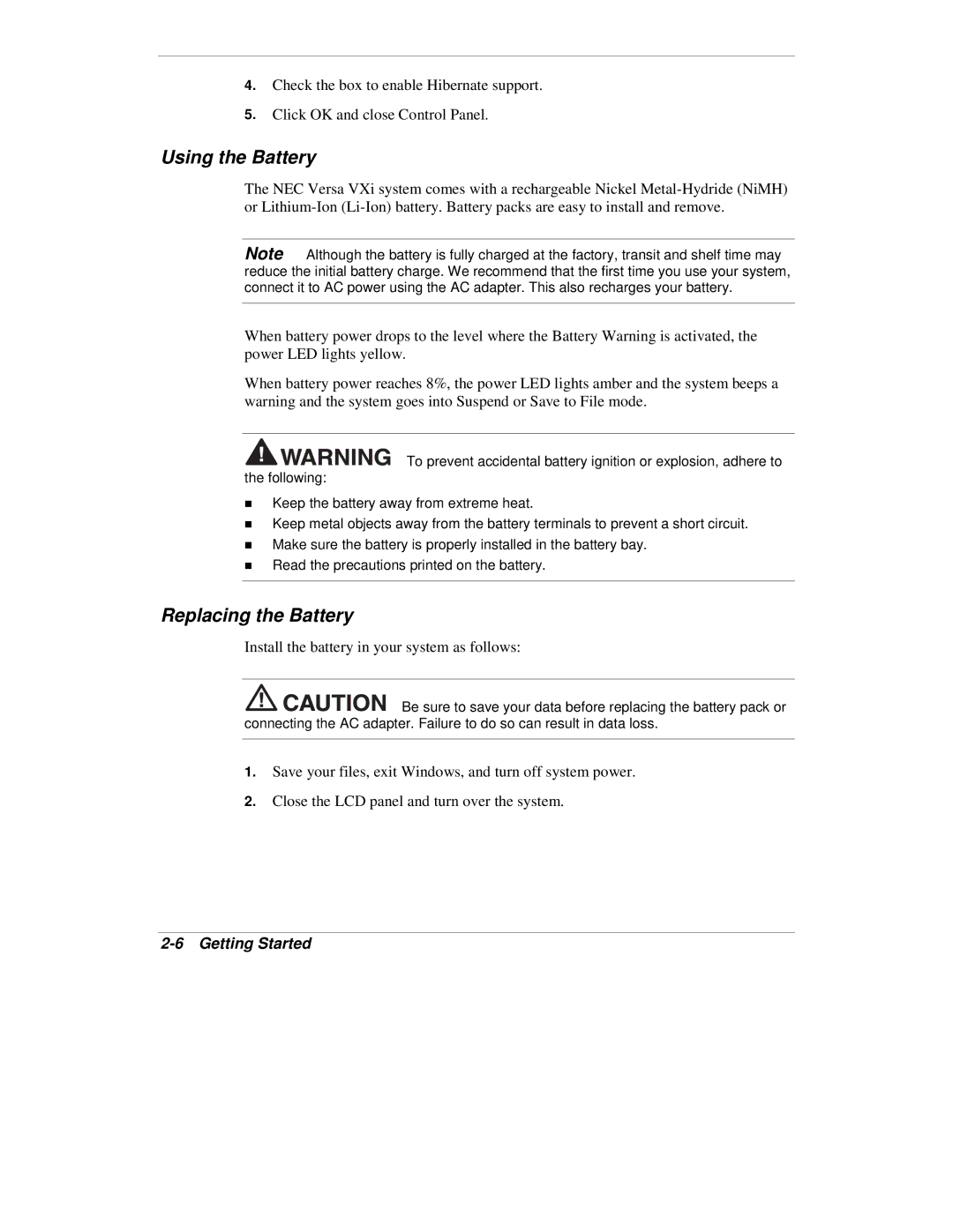 NEC VXi manual Using the Battery, Replacing the Battery 