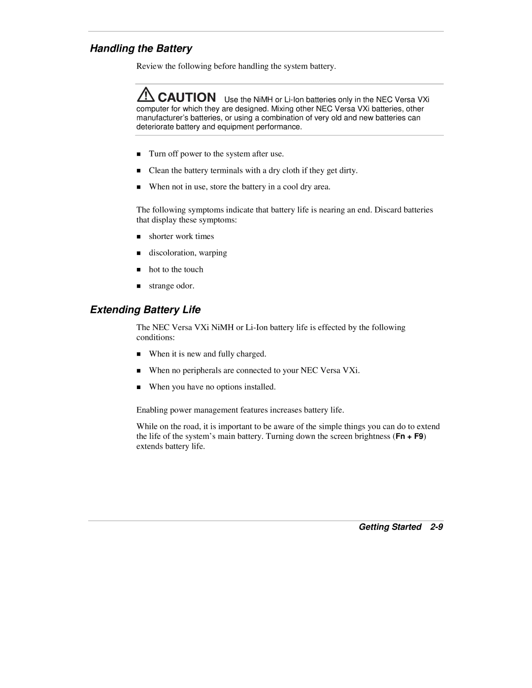 NEC VXi manual Handling the Battery, Extending Battery Life 