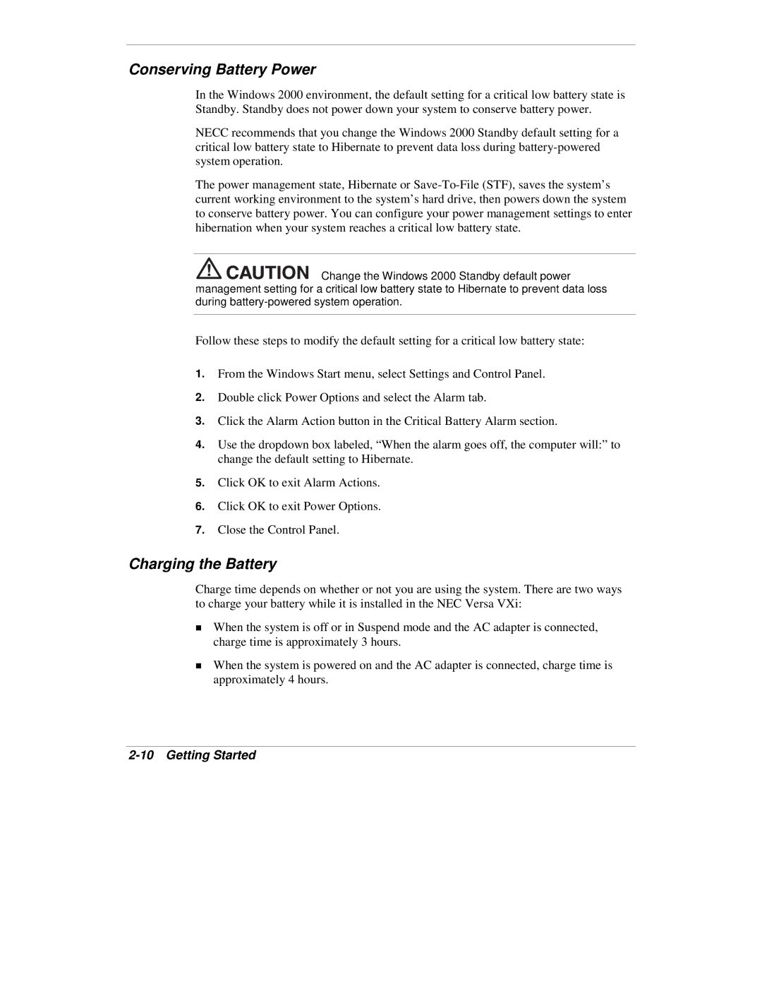 NEC VXi manual Conserving Battery Power, Charging the Battery 