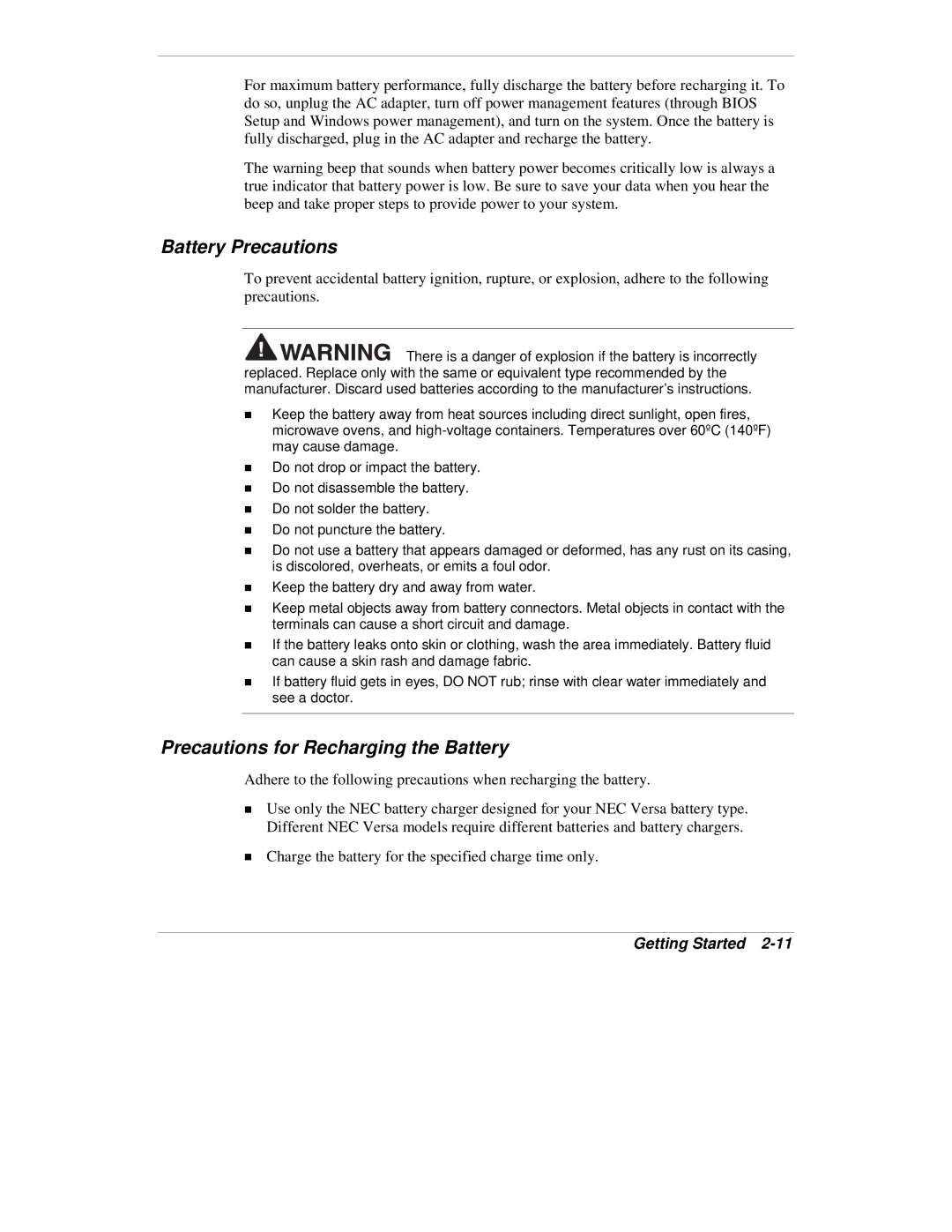 NEC VXi manual Battery Precautions, Precautions for Recharging the Battery 