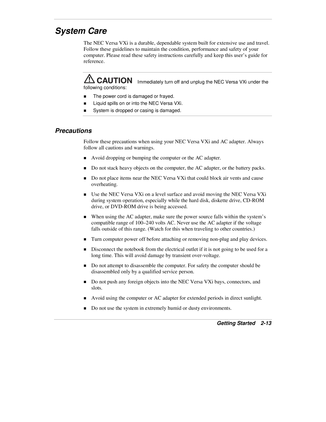 NEC VXi manual System Care, Precautions 