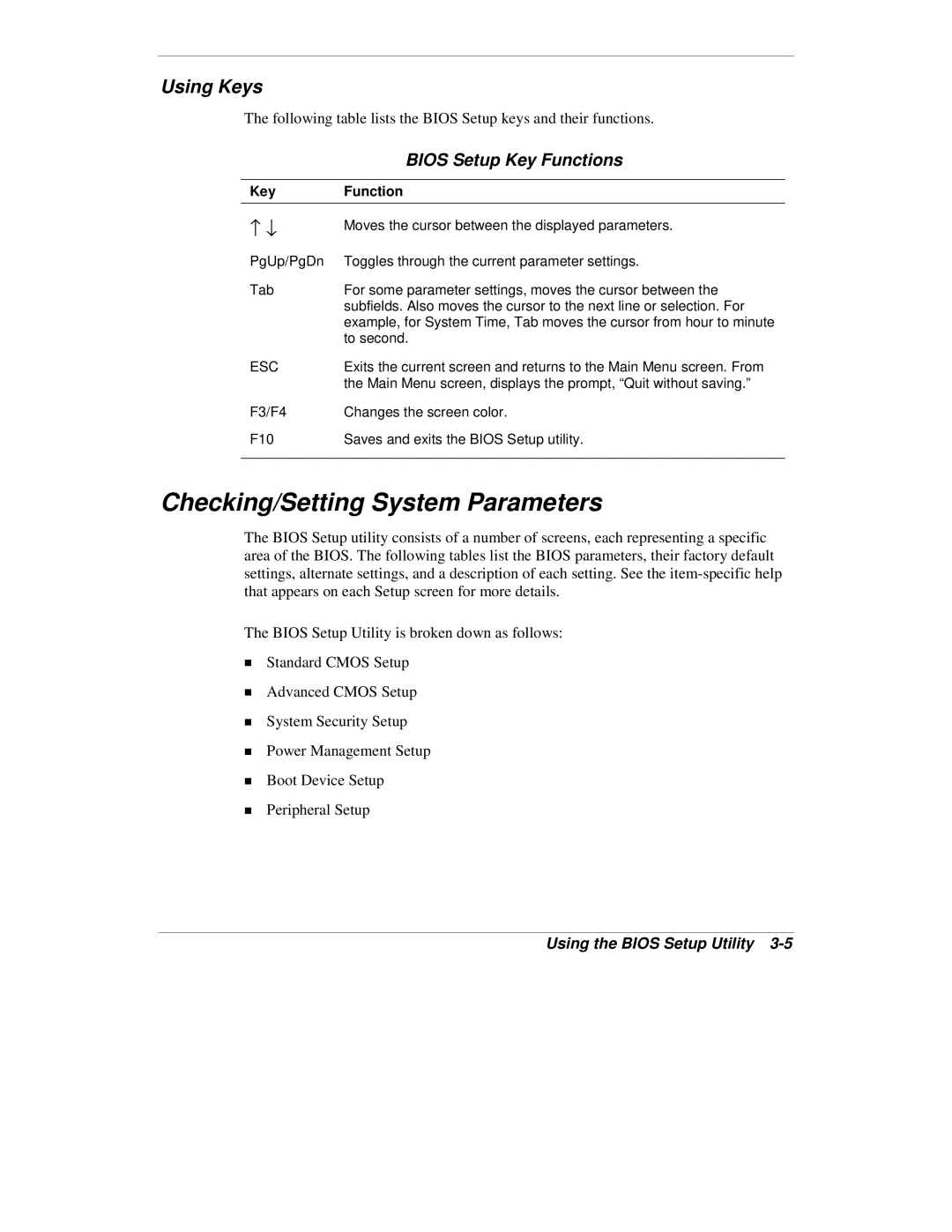 NEC VXi manual Checking/Setting System Parameters, Using Keys, Bios Setup Key Functions 