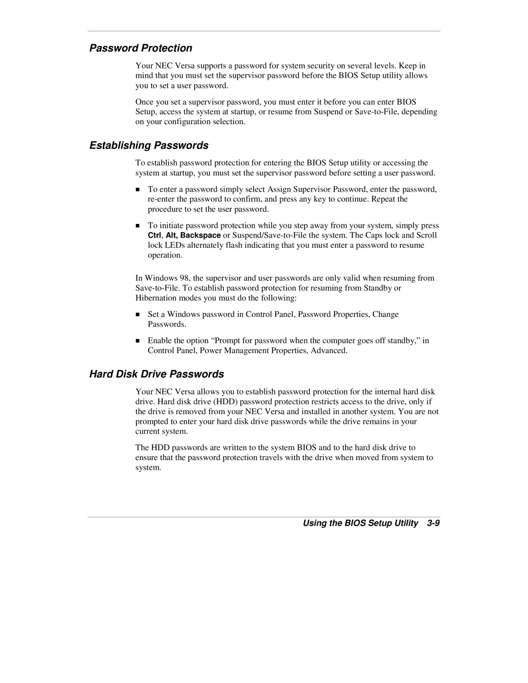 NEC VXi manual Password Protection, Establishing Passwords, Hard Disk Drive Passwords 