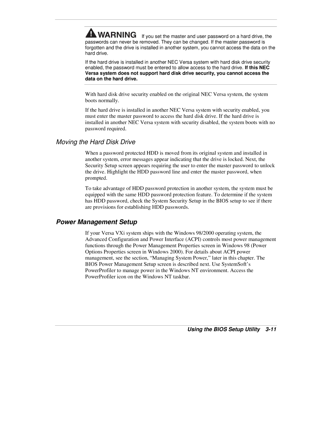 NEC VXi manual Moving the Hard Disk Drive, Power Management Setup 