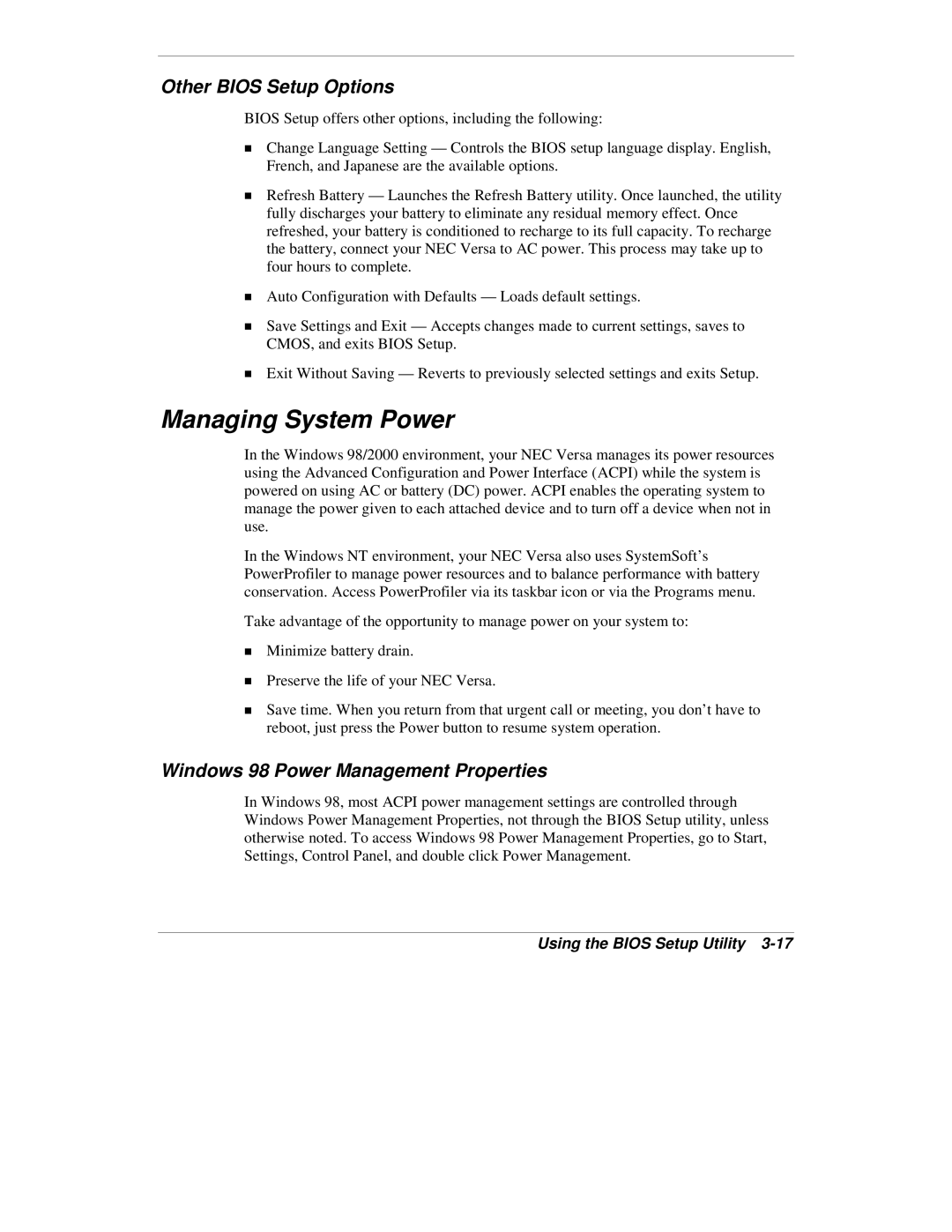 NEC VXi manual Managing System Power, Other Bios Setup Options, Windows 98 Power Management Properties 