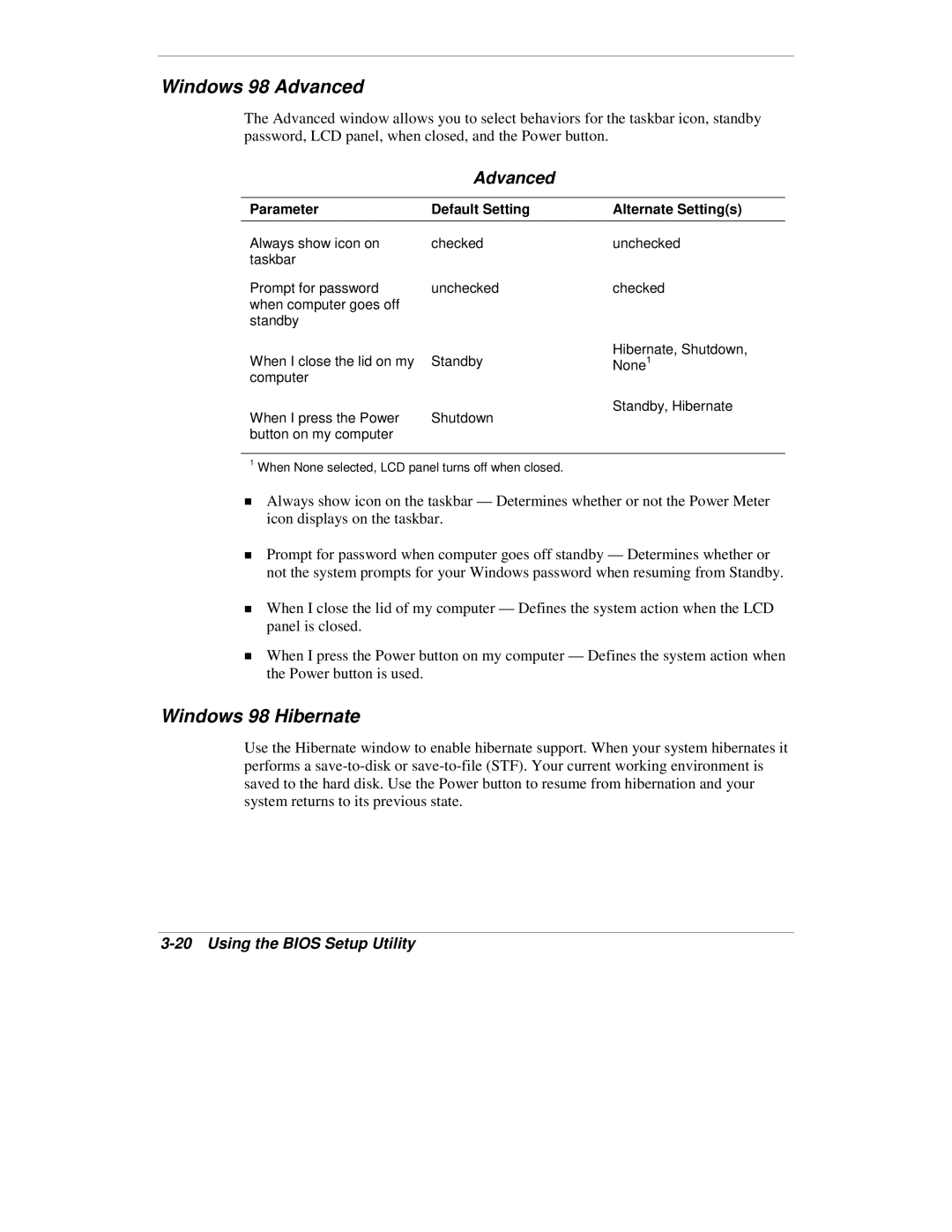 NEC VXi manual Windows 98 Advanced, Windows 98 Hibernate 