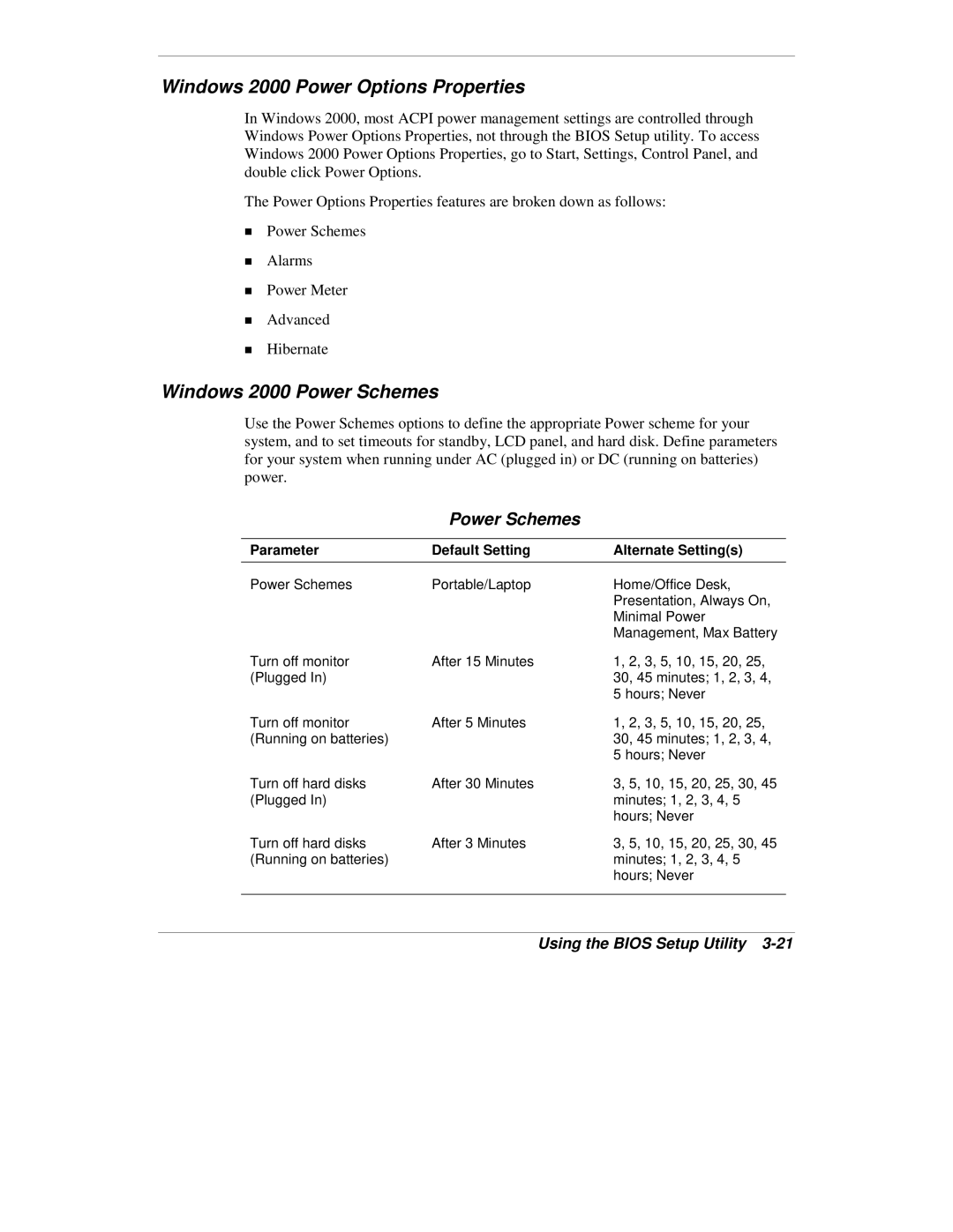 NEC VXi manual Windows 2000 Power Options Properties, Windows 2000 Power Schemes 