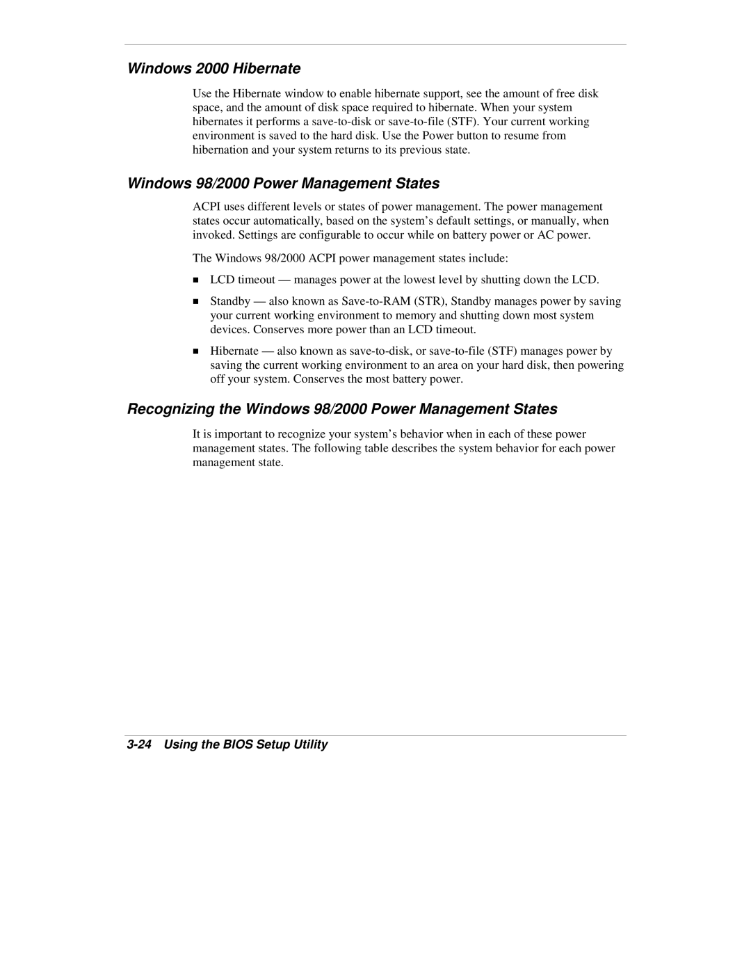 NEC VXi manual Windows 2000 Hibernate, Windows 98/2000 Power Management States 