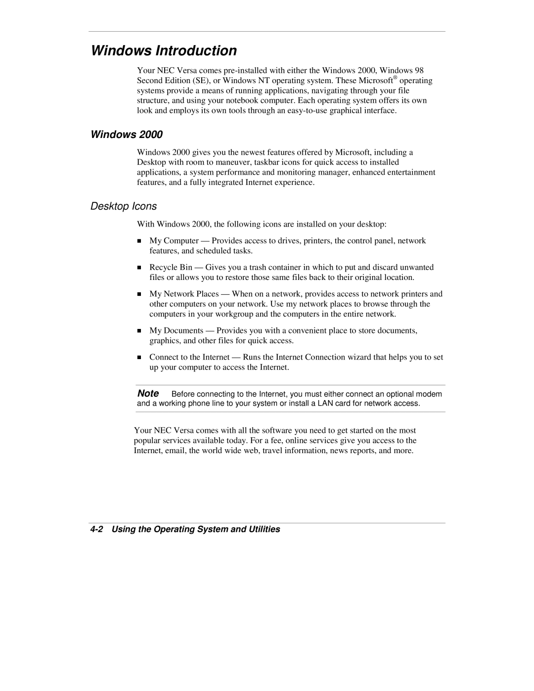 NEC VXi manual Windows Introduction, Using the Operating System and Utilities 