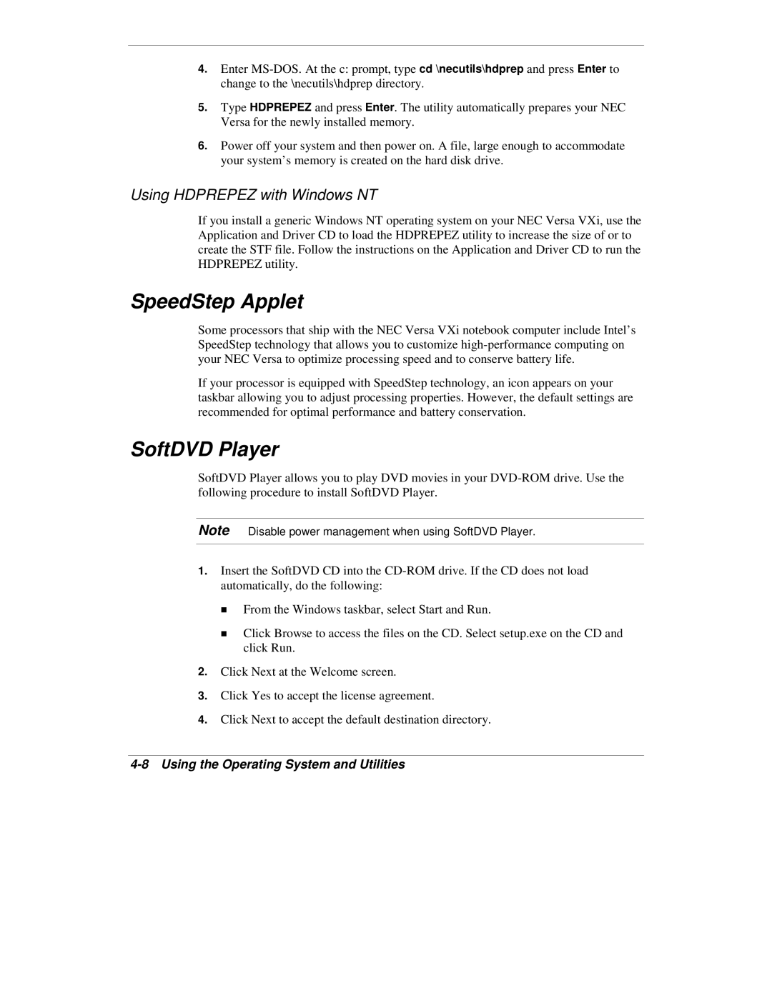 NEC VXi manual SpeedStep Applet, SoftDVD Player 