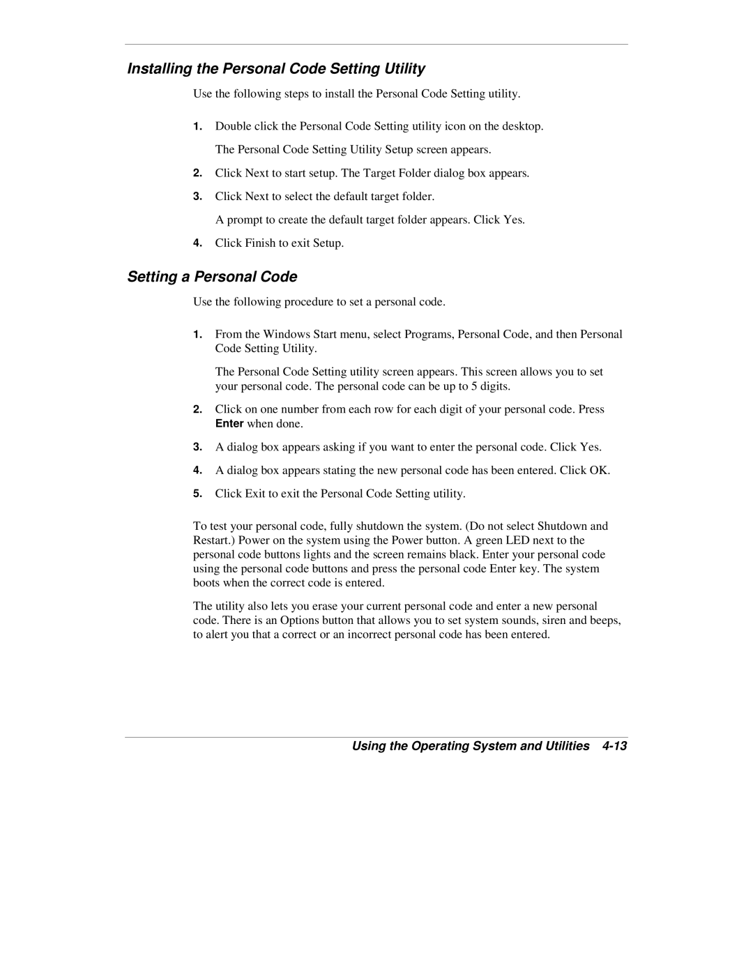 NEC VXi manual Installing the Personal Code Setting Utility, Setting a Personal Code 