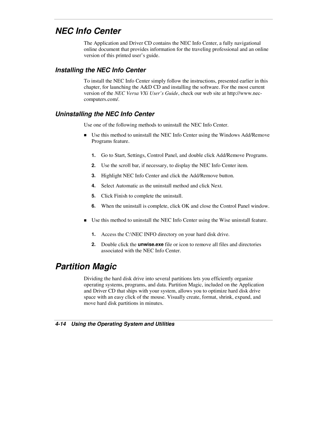 NEC VXi manual NEC Info Center, Partition Magic 