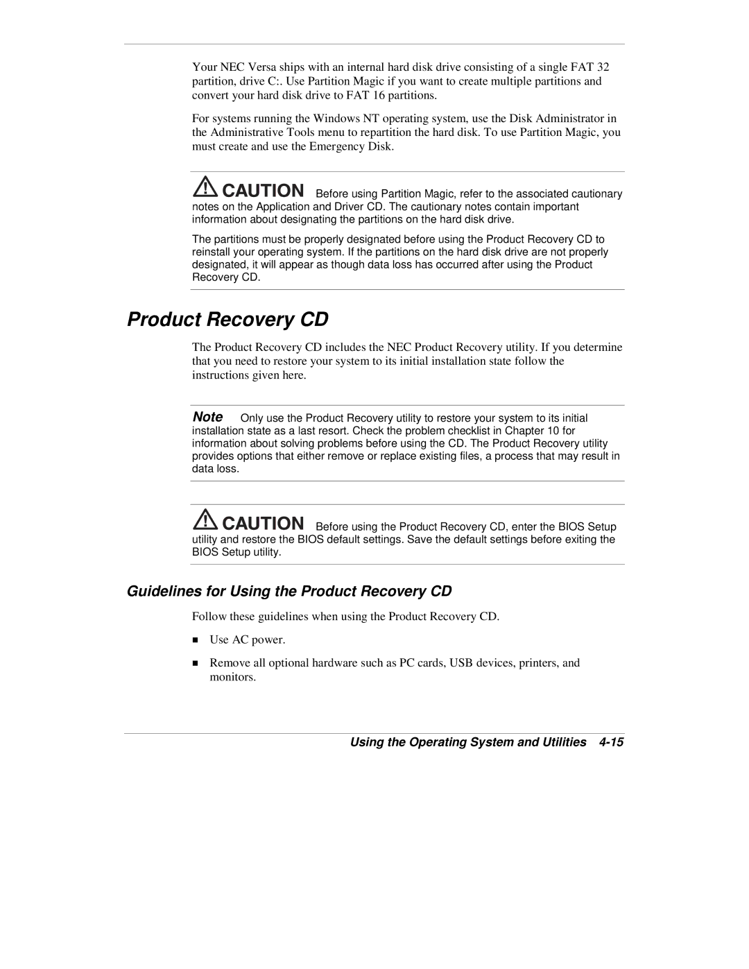 NEC VXi manual Guidelines for Using the Product Recovery CD 