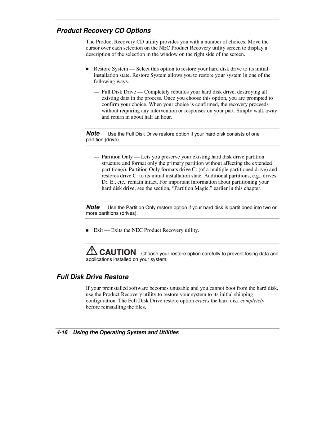 NEC VXi manual Product Recovery CD Options, Full Disk Drive Restore 