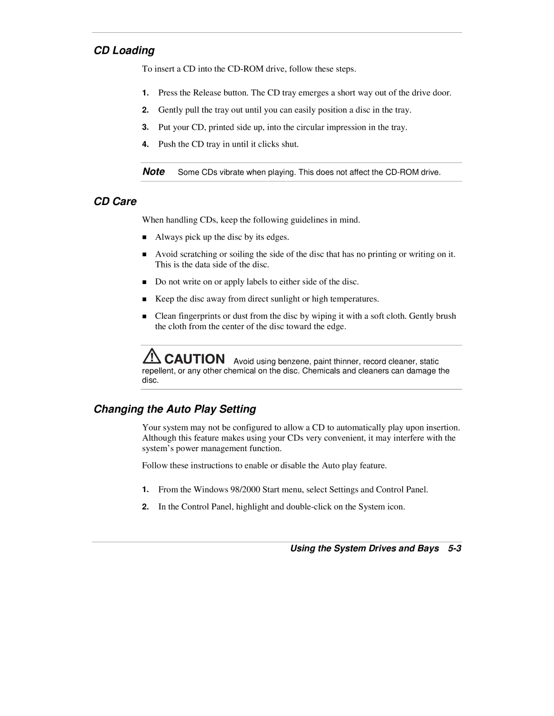 NEC VXi manual CD Loading, CD Care, Changing the Auto Play Setting 