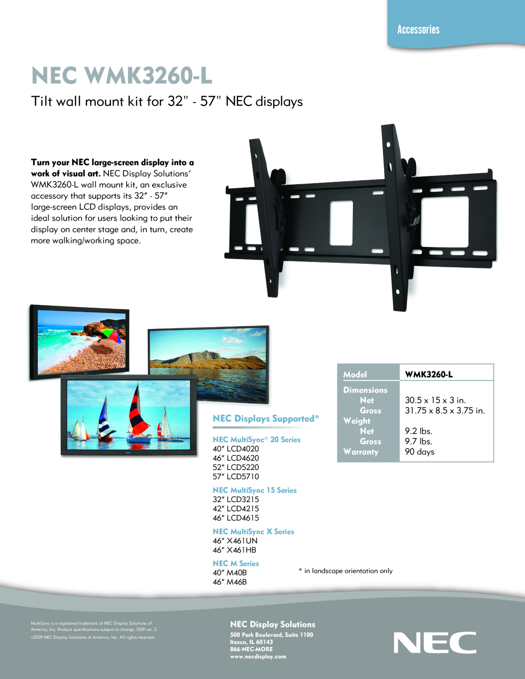 NEC specifications NEC WMK3260-L, Tilt wall mount kit for 32 - 57 NEC displays, Accessories, NEC Displays Supported 