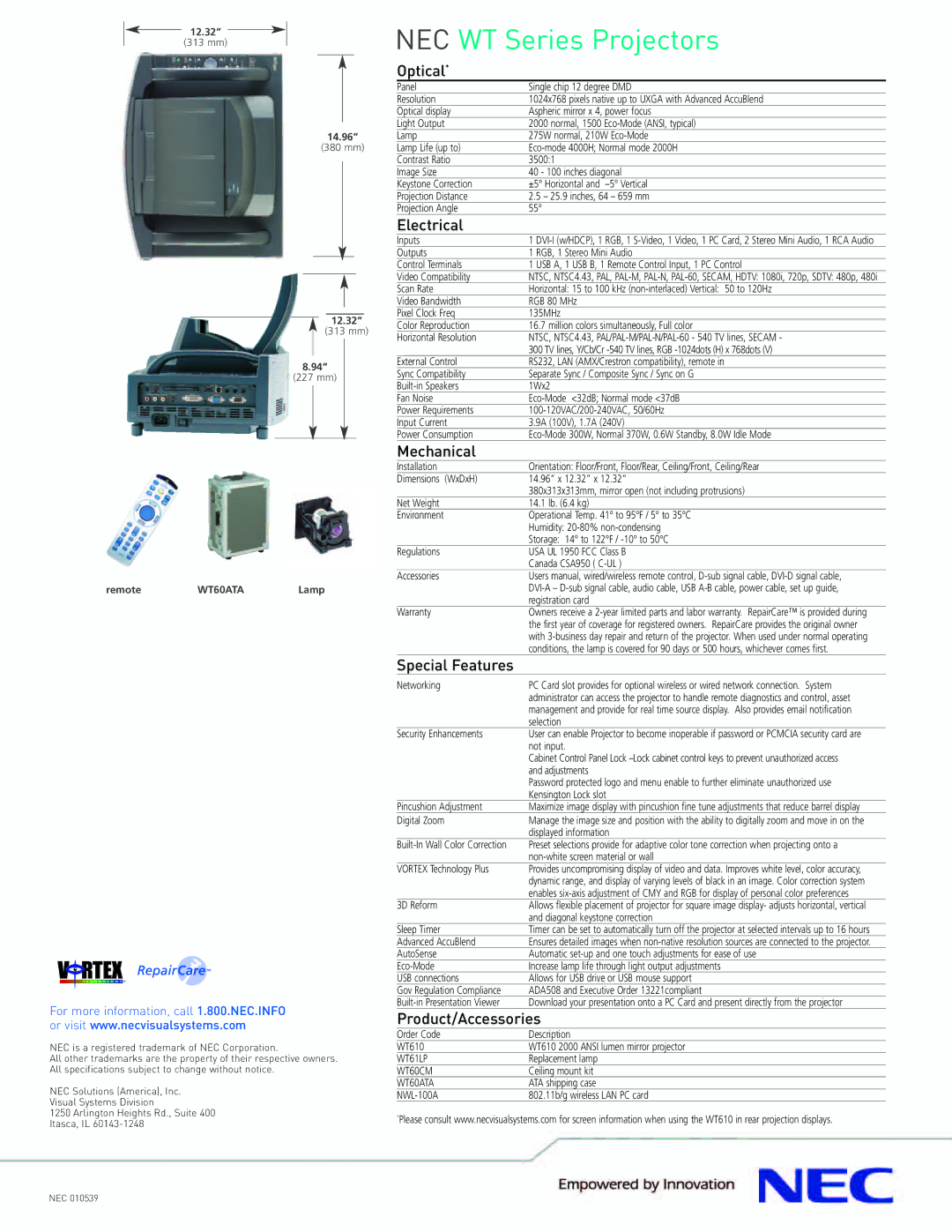 NEC WT manual Optical, Electrical, Mechanical, Special Features, Product/Accessories 