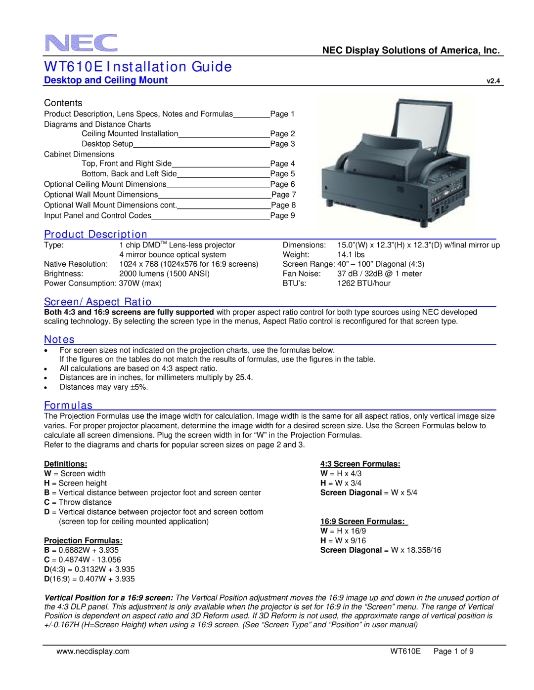 NEC WT610E dimensions Product Description, Screen/Aspect Ratio, Formulas 