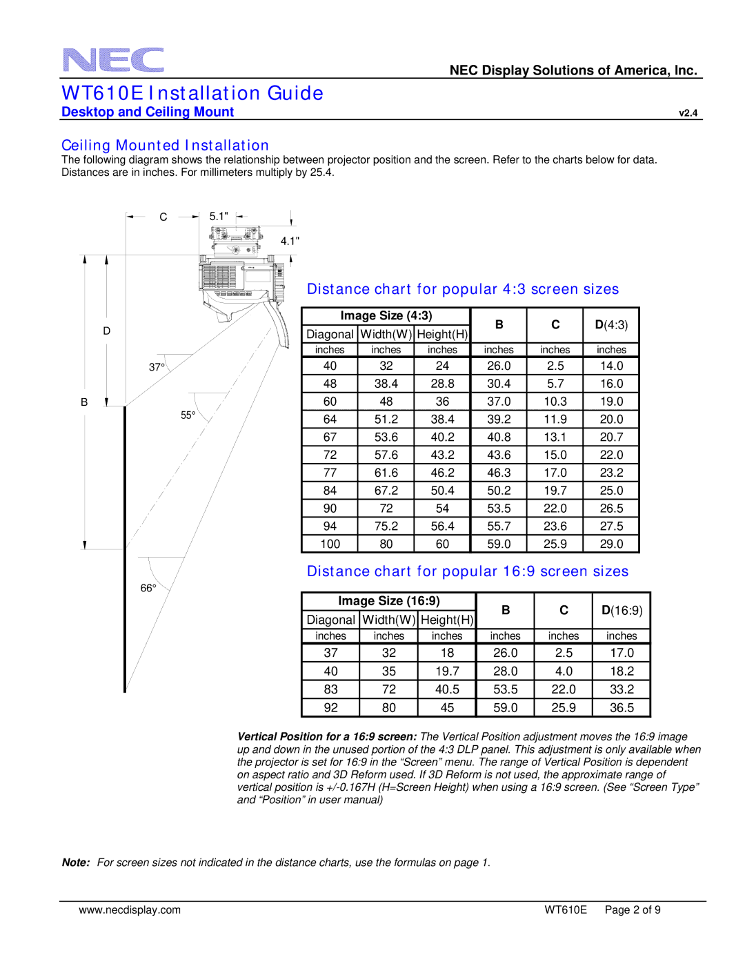 NEC WT610E dimensions Ceiling Mounted Installation, Distance chart for popular 43 screen sizes 