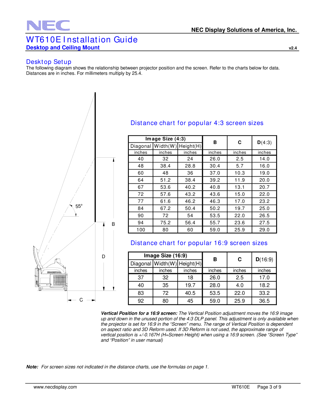 NEC WT610E dimensions Desktop Setup, Image Size 