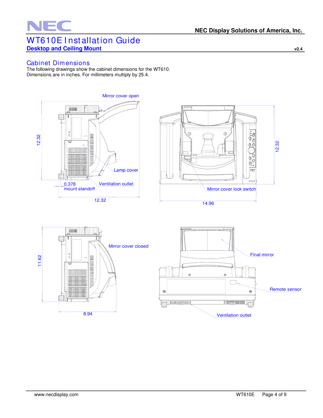 NEC WT610E dimensions Cabinet Dimensions 