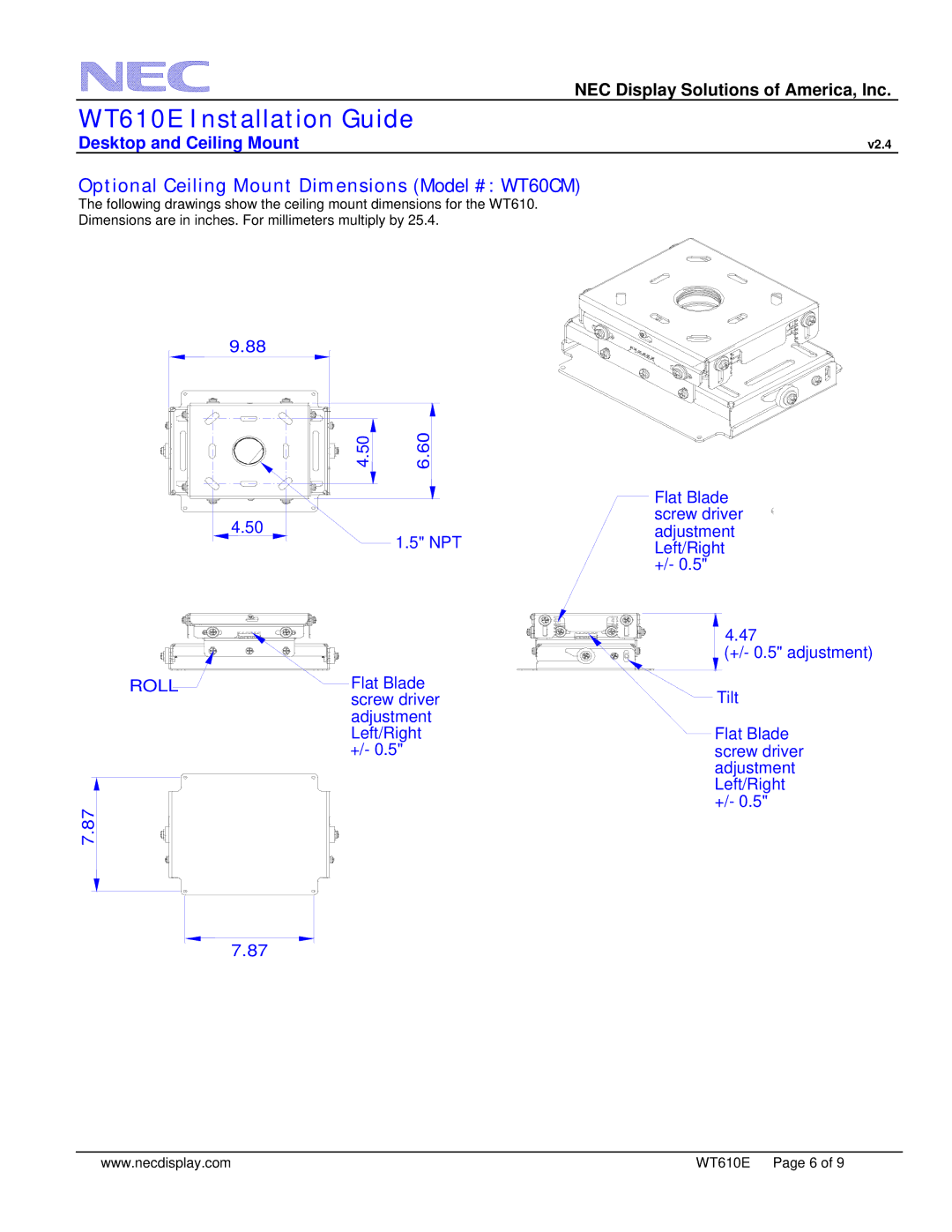 NEC WT610E dimensions Optional Ceiling Mount Dimensions Model # WT60CM 