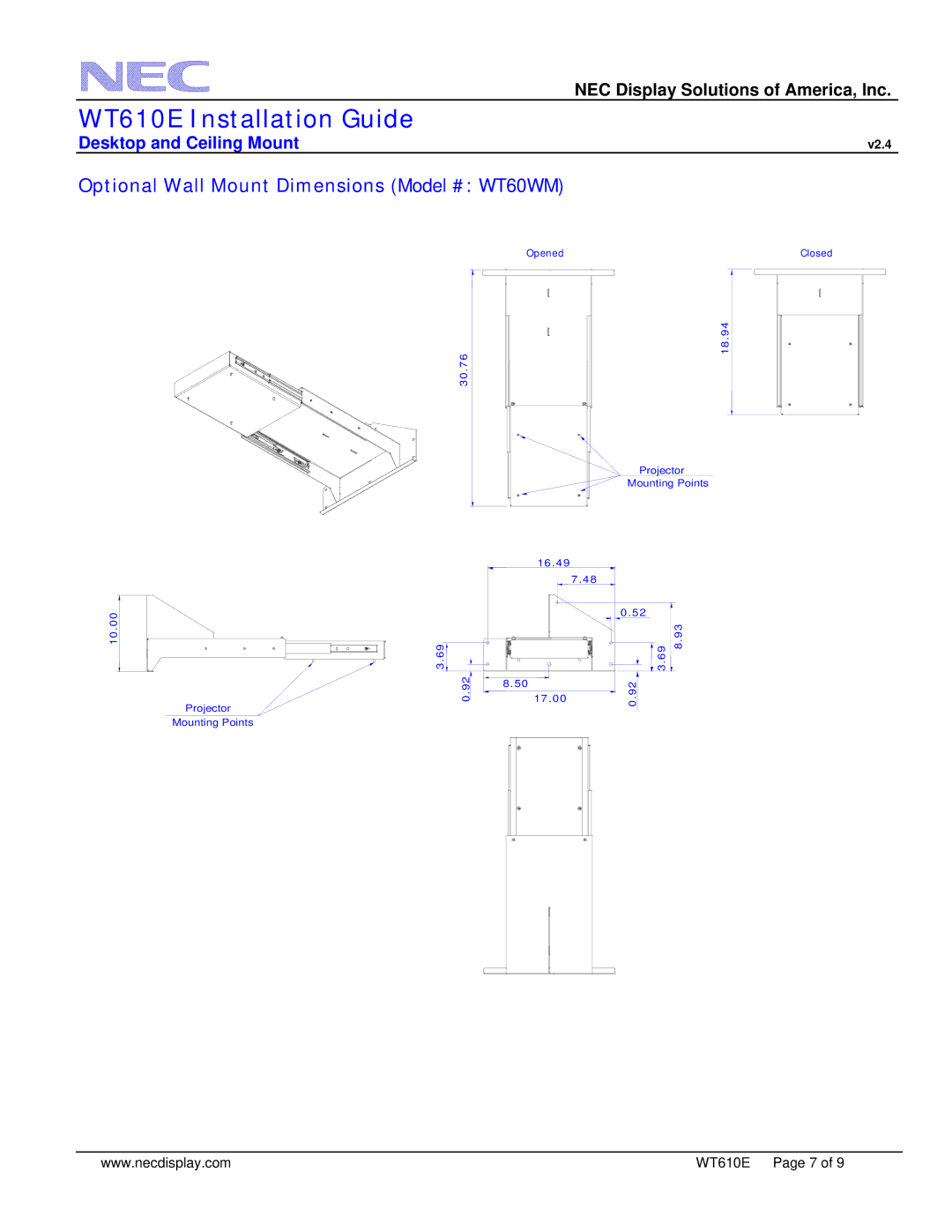 NEC WT610E dimensions Optional Wall Mount Dimensions Model # WT60WM 