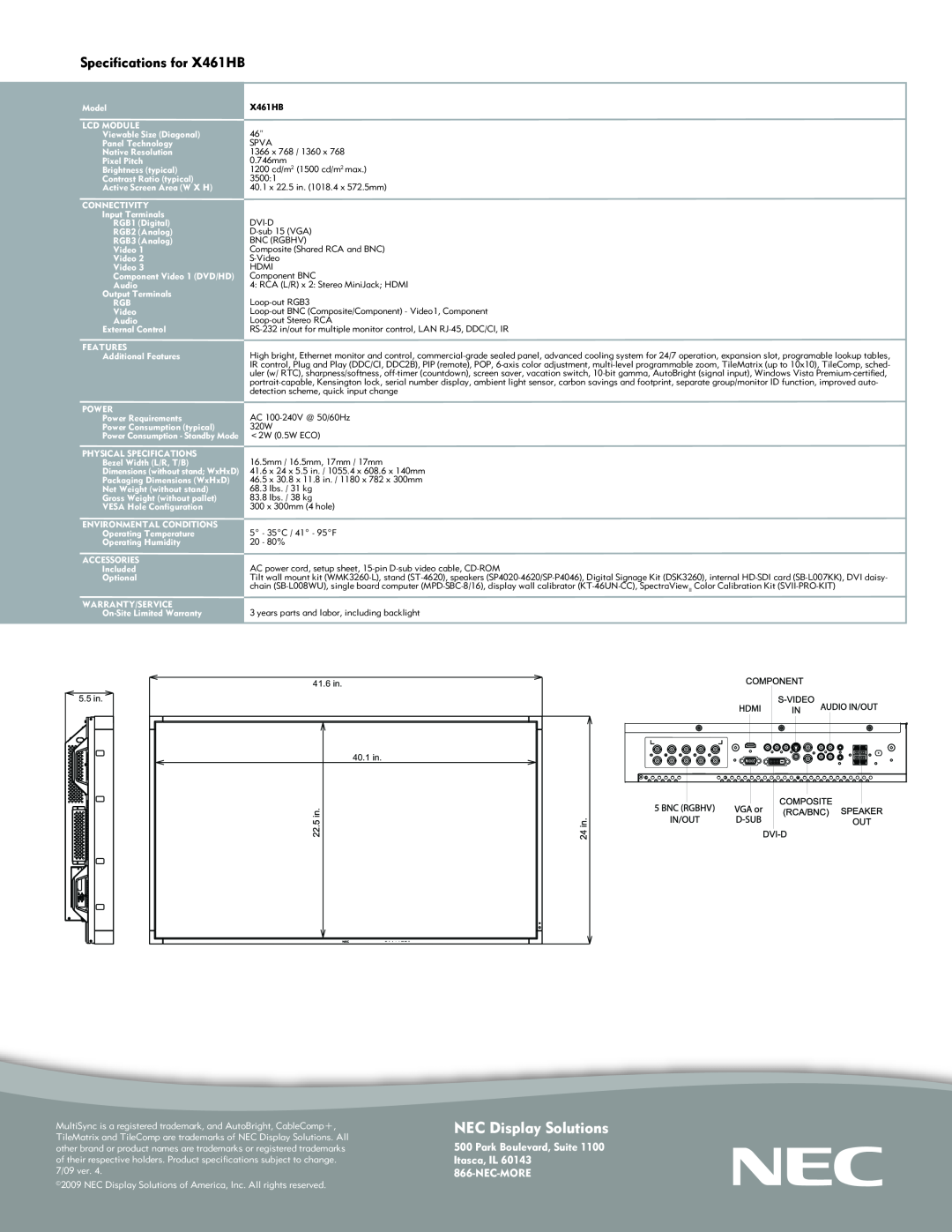 NEC manual NEC Display Solutions, Specifications for X461HB, Park Boulevard, Suite Itasca, IL 866-NEC-MORE 