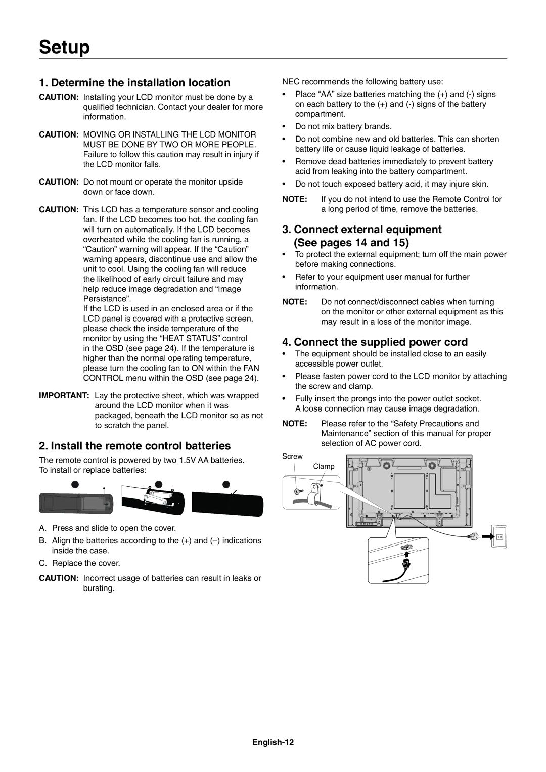 NEC X461S, X551S user manual Setup, Determine the installation location, Install the remote control batteries 