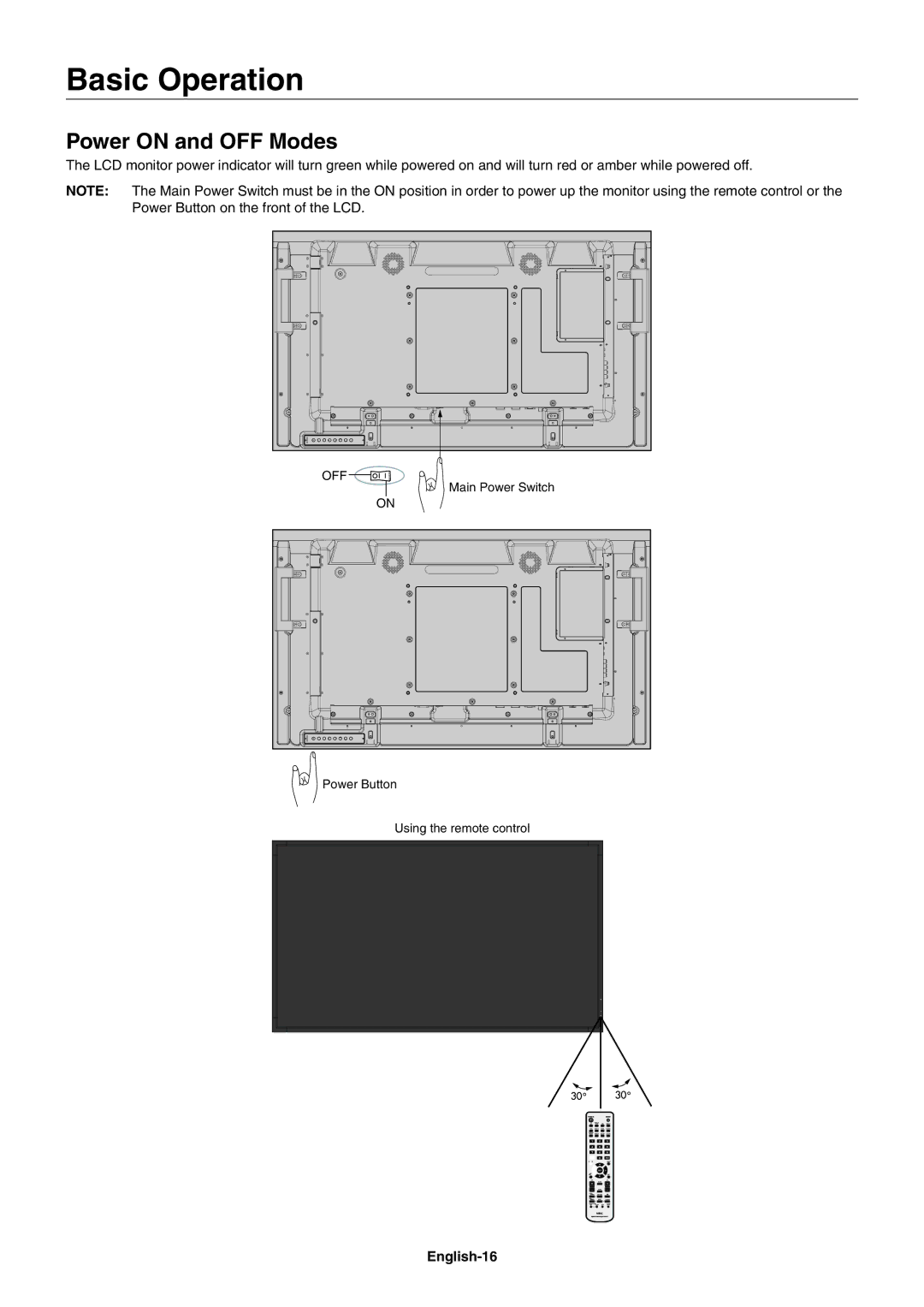 NEC X461S, X551S user manual Basic Operation, Power on and OFF Modes, English-16, Off 